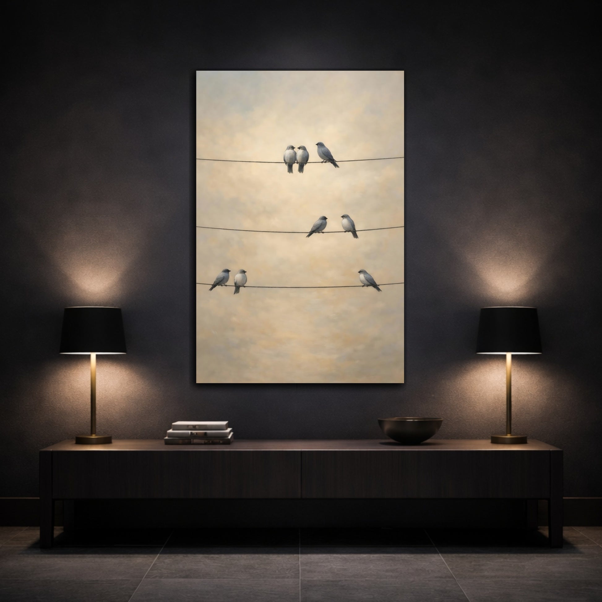 Mockup 2. Birds Birds Gray Birds Beige shown as stretched canvas wall art