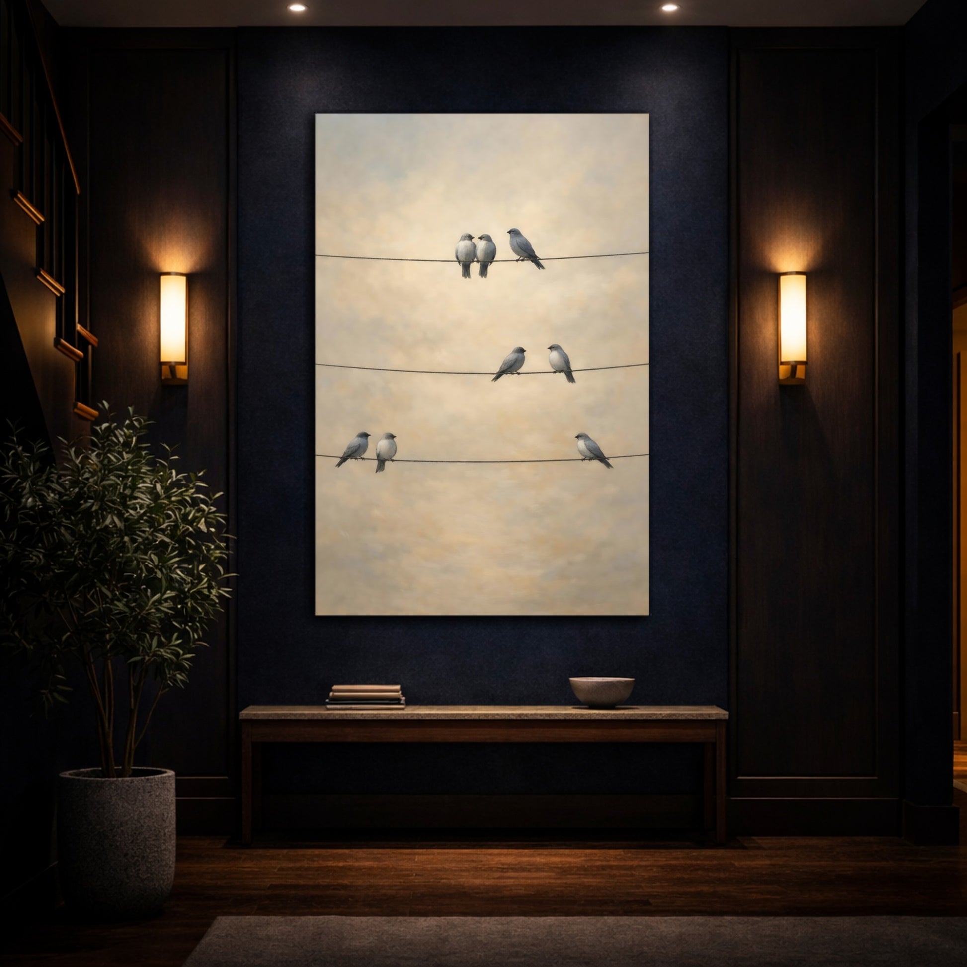 Mockup 4. Birds Birds Gray Birds Beige shown as stretched canvas wall art