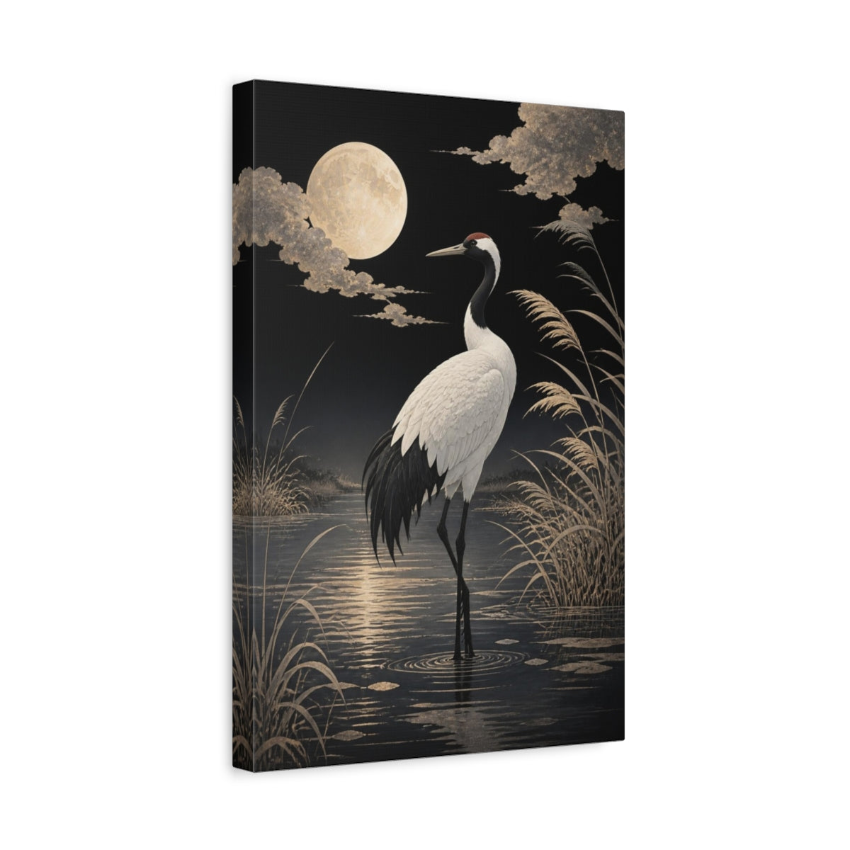 Side Mockup 4. Birds Crane Moonlit Crane shown as canvas print