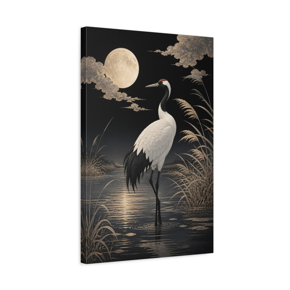 Side Mockup 3. Birds Crane Moonlit Crane shown as canvas print