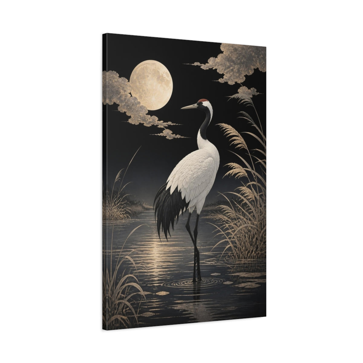 Main Mockup. Birds Crane Moonlit Crane shown as canvas print