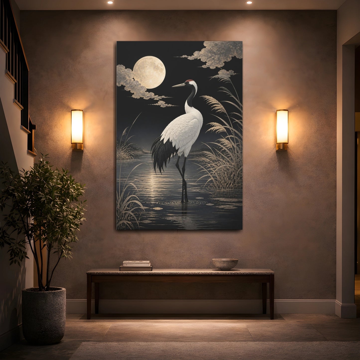 Mockup 2. Birds Crane Moonlit Crane shown as canvas print