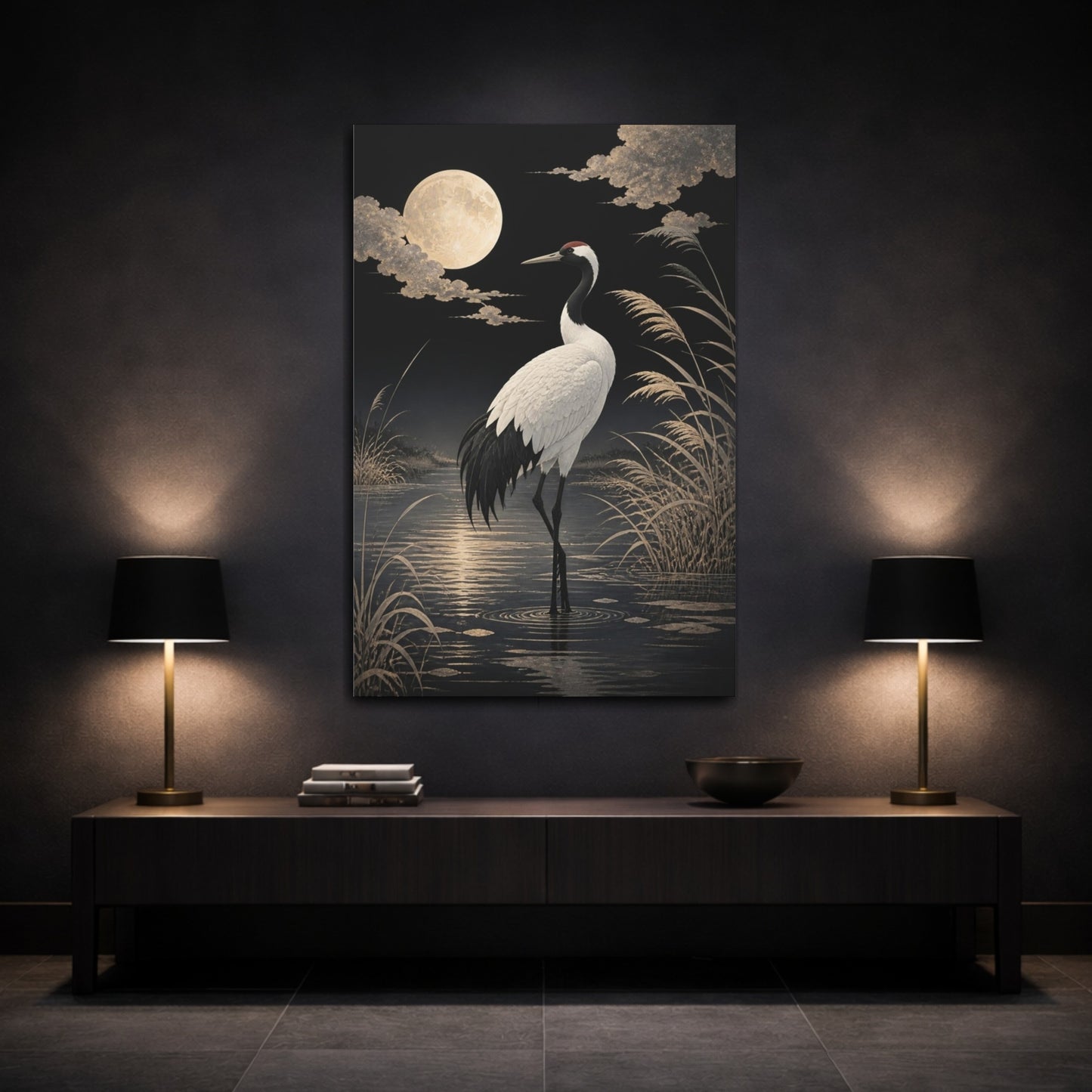 Mockup 3. Birds Crane Moonlit Crane shown as canvas print
