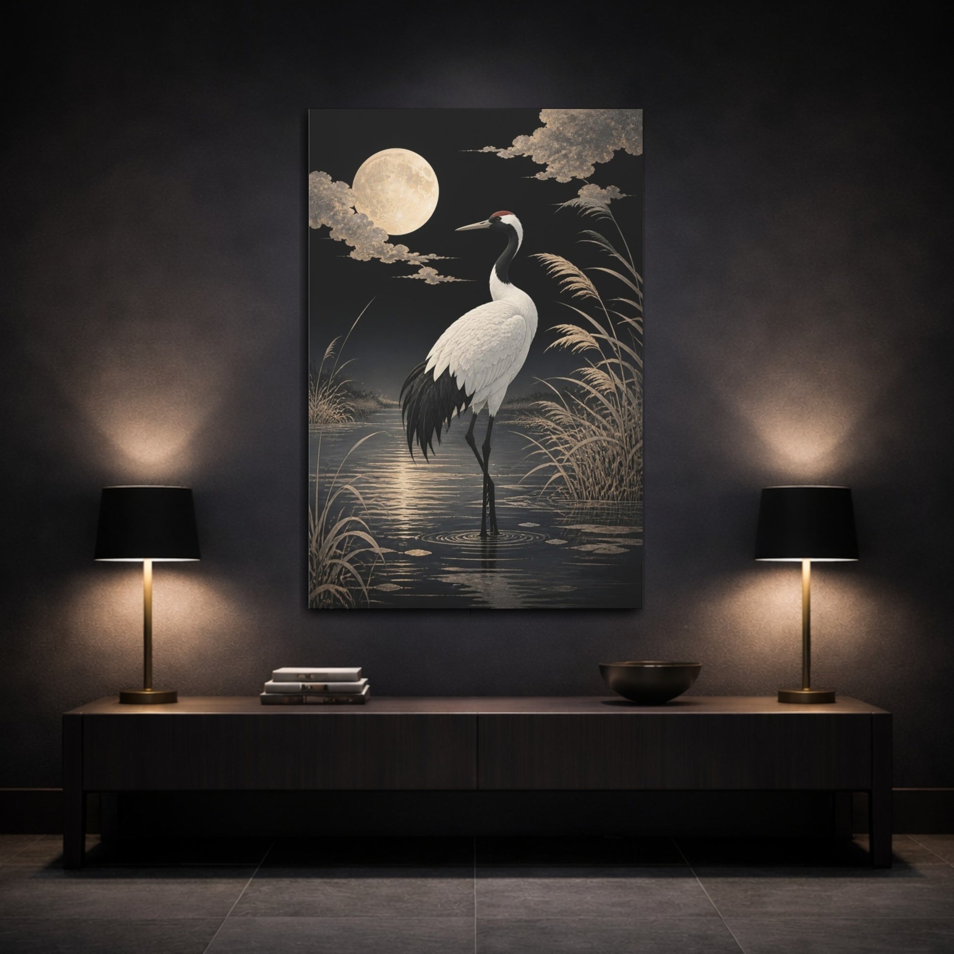 Mockup 3. Birds Crane Moonlit Crane shown as canvas print