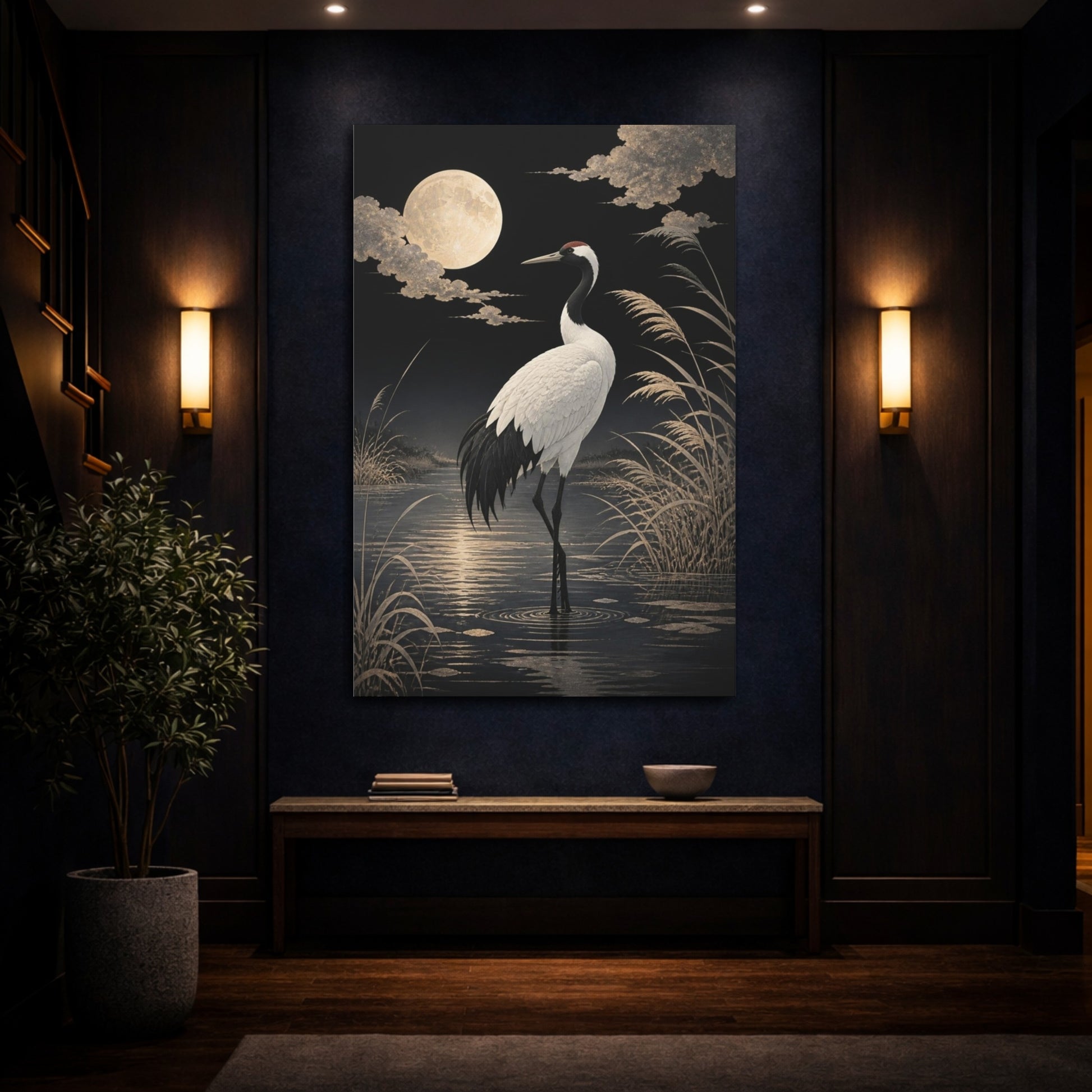 Mockup 4. Birds Crane Moonlit Crane shown as canvas print