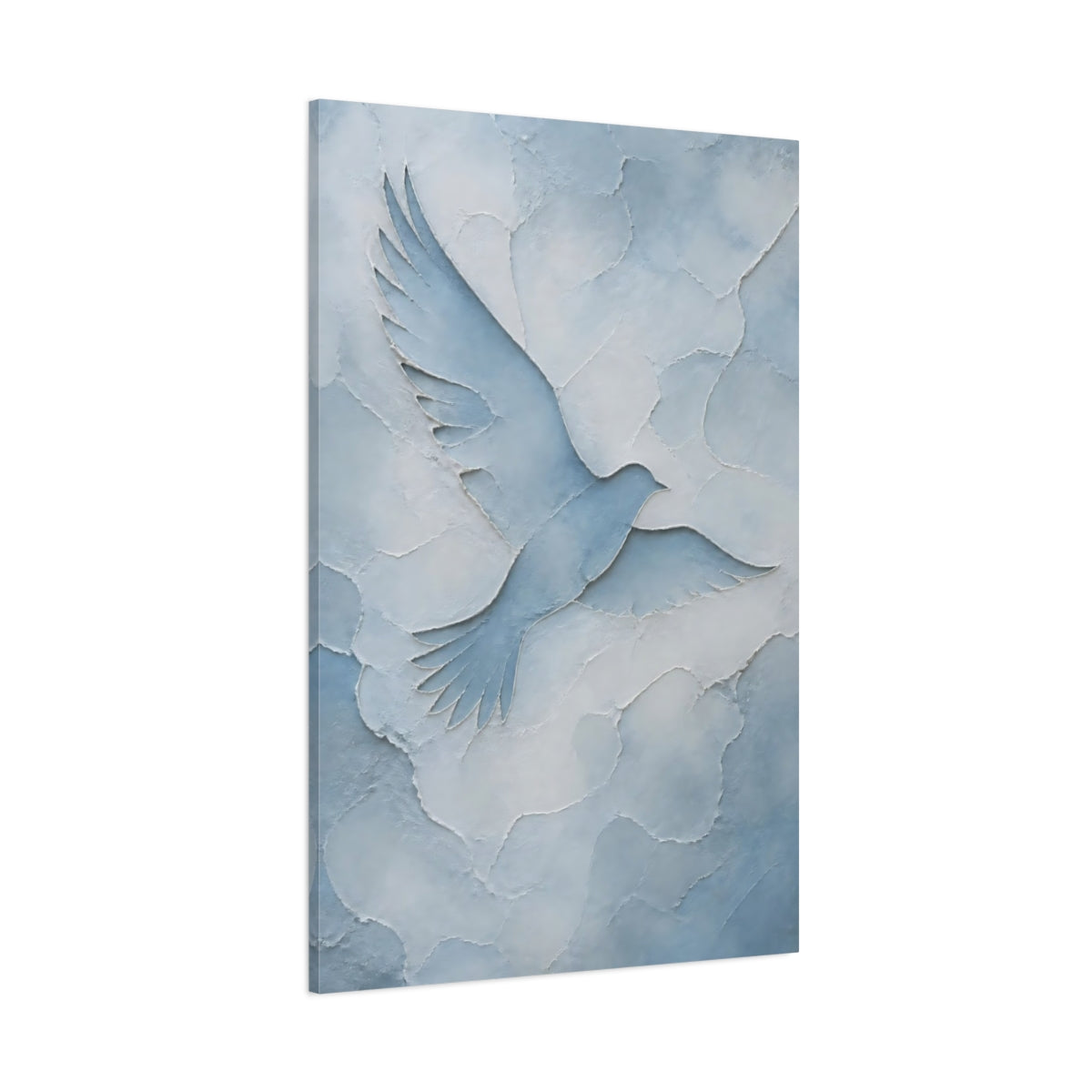 Side Mockup 1. Birds Dove Blue And White shown as stretched canvas wall art
