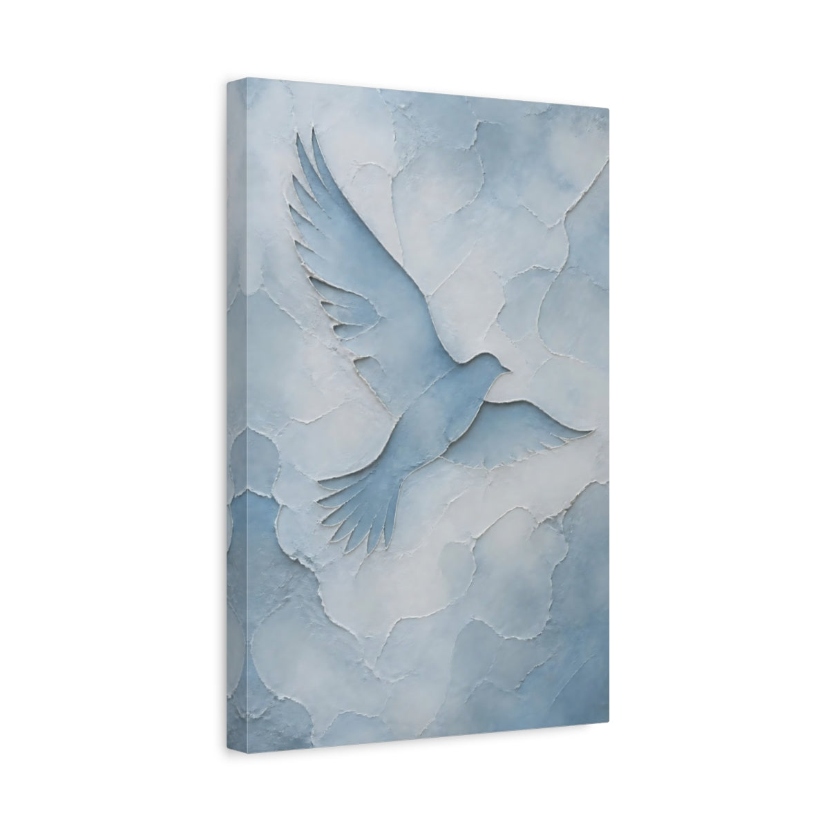 Side Mockup 4. Birds Dove Blue And White shown as stretched canvas wall art