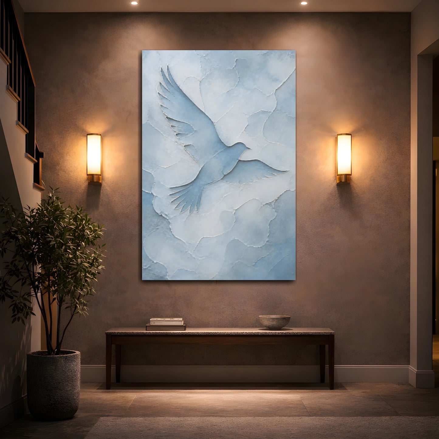 Mockup 2. Birds Dove Blue And White shown as stretched canvas wall art