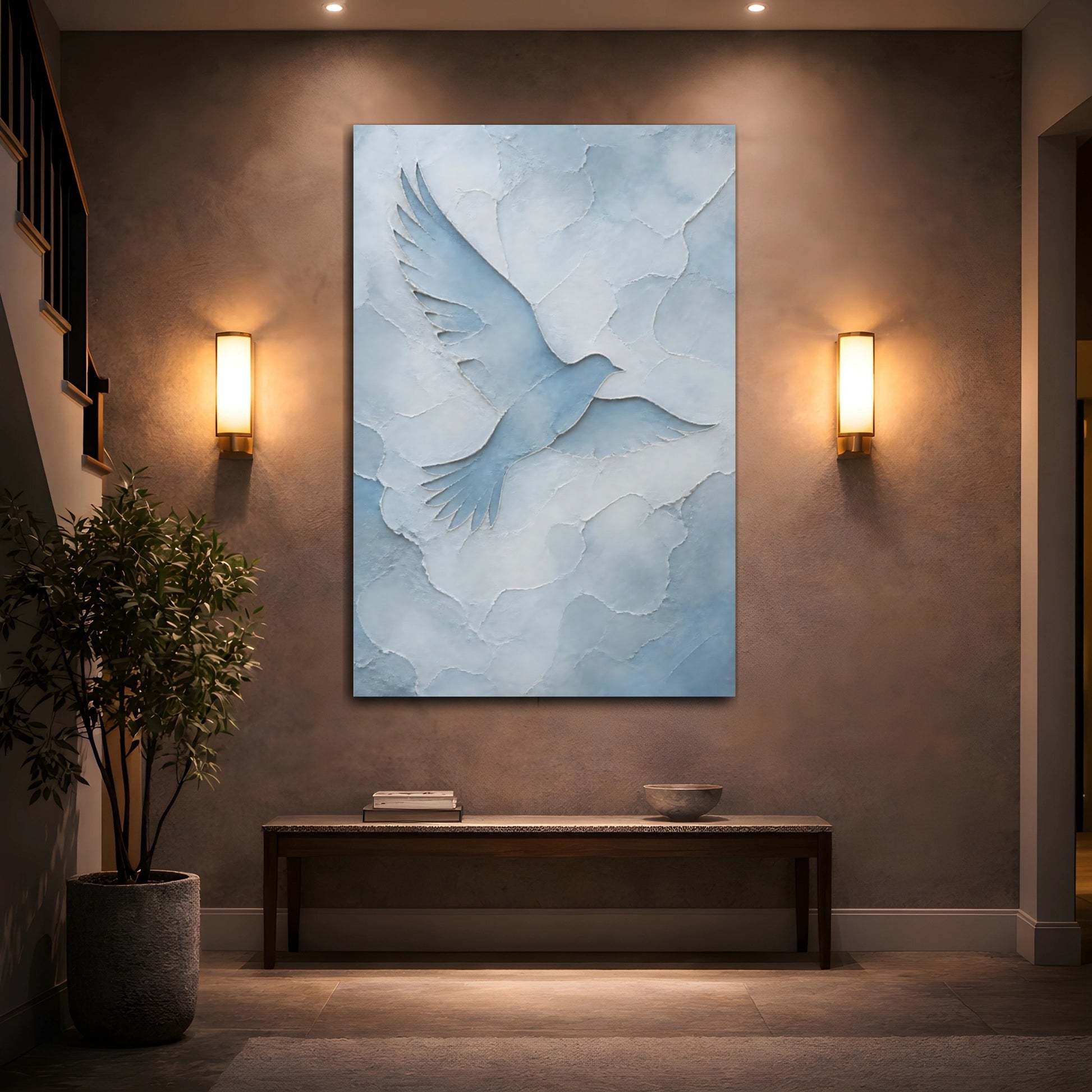 Mockup 2. Birds Dove Blue And White shown as stretched canvas wall art