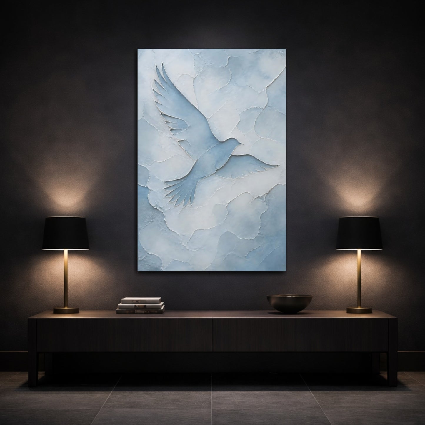 Mockup 3. Birds Dove Blue And White shown as stretched canvas wall art