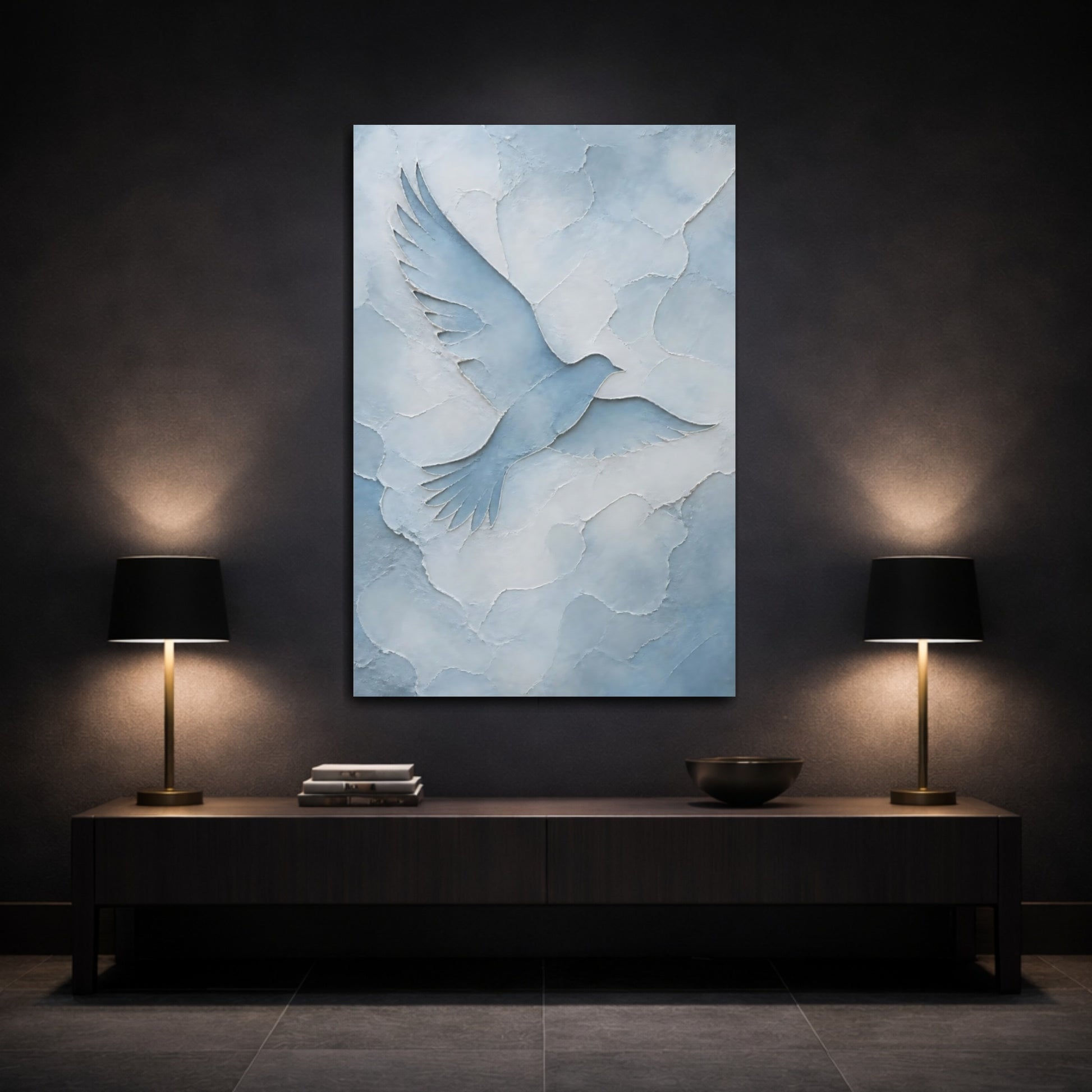 Mockup 3. Birds Dove Blue And White shown as stretched canvas wall art