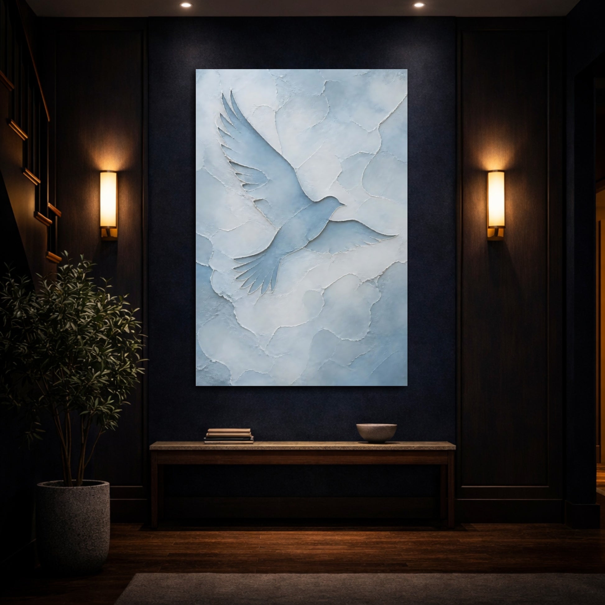 Mockup 4. Birds Dove Blue And White shown as stretched canvas wall art
