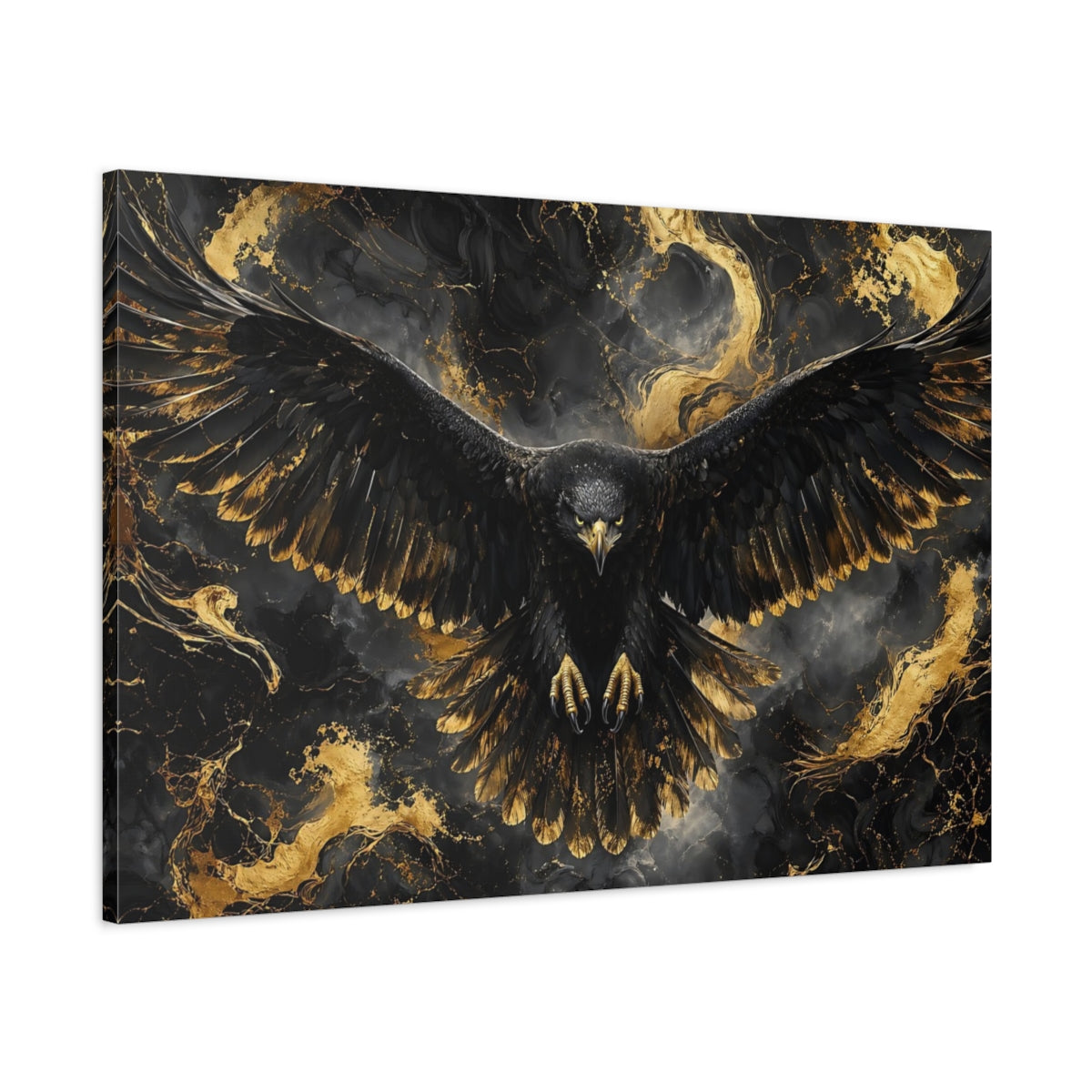 Main Mockup. Birds Eagle Black And Gold shown as stretched canvas wall art