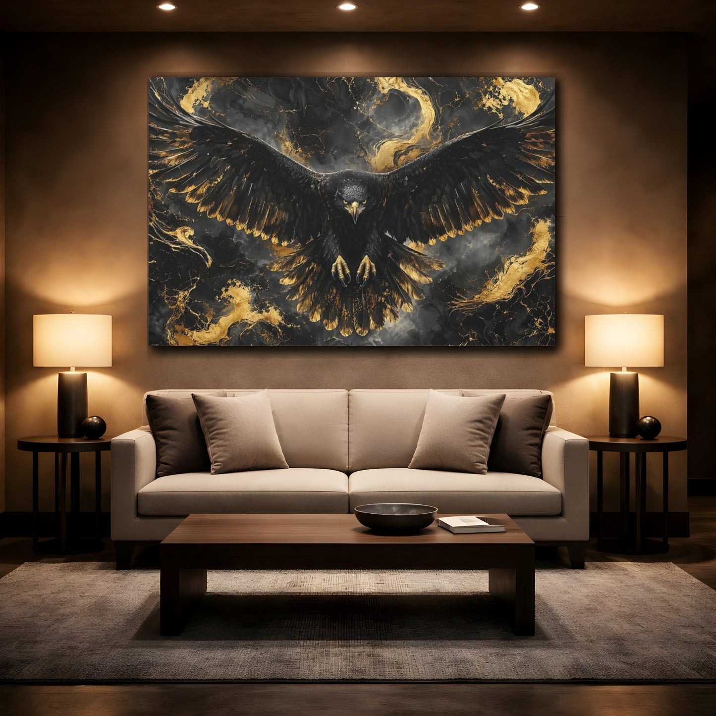 Mockup 2. Birds Eagle Black And Gold shown as stretched canvas wall art
