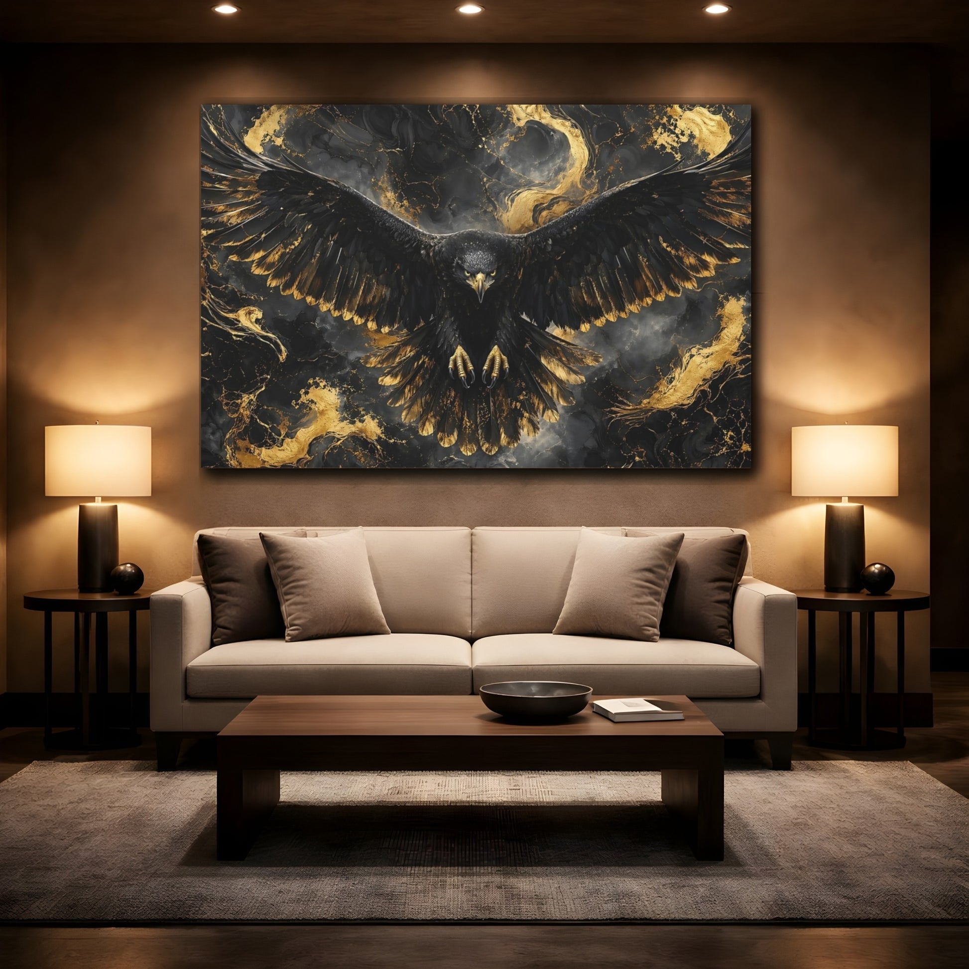 Mockup 2. Birds Eagle Black And Gold shown as stretched canvas wall art