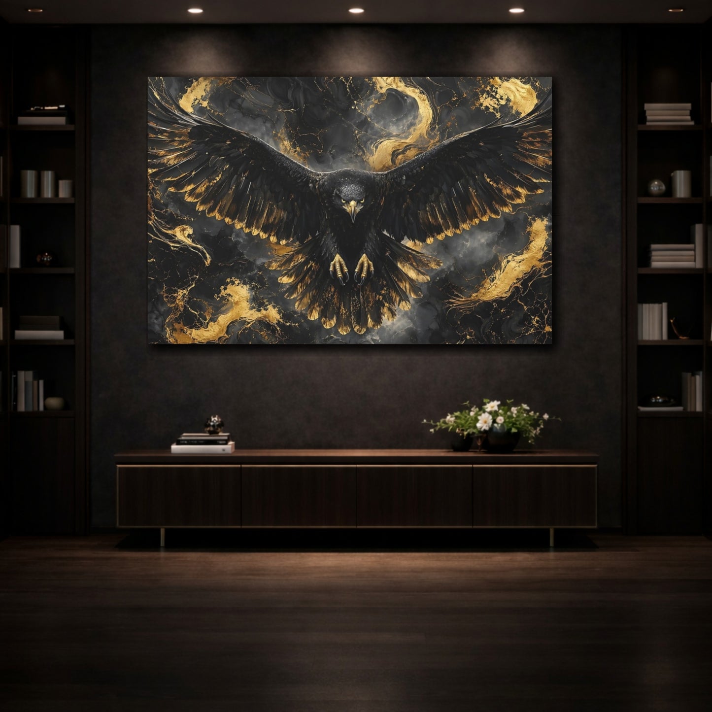 Mockup 3. Birds Eagle Black And Gold shown as stretched canvas wall art