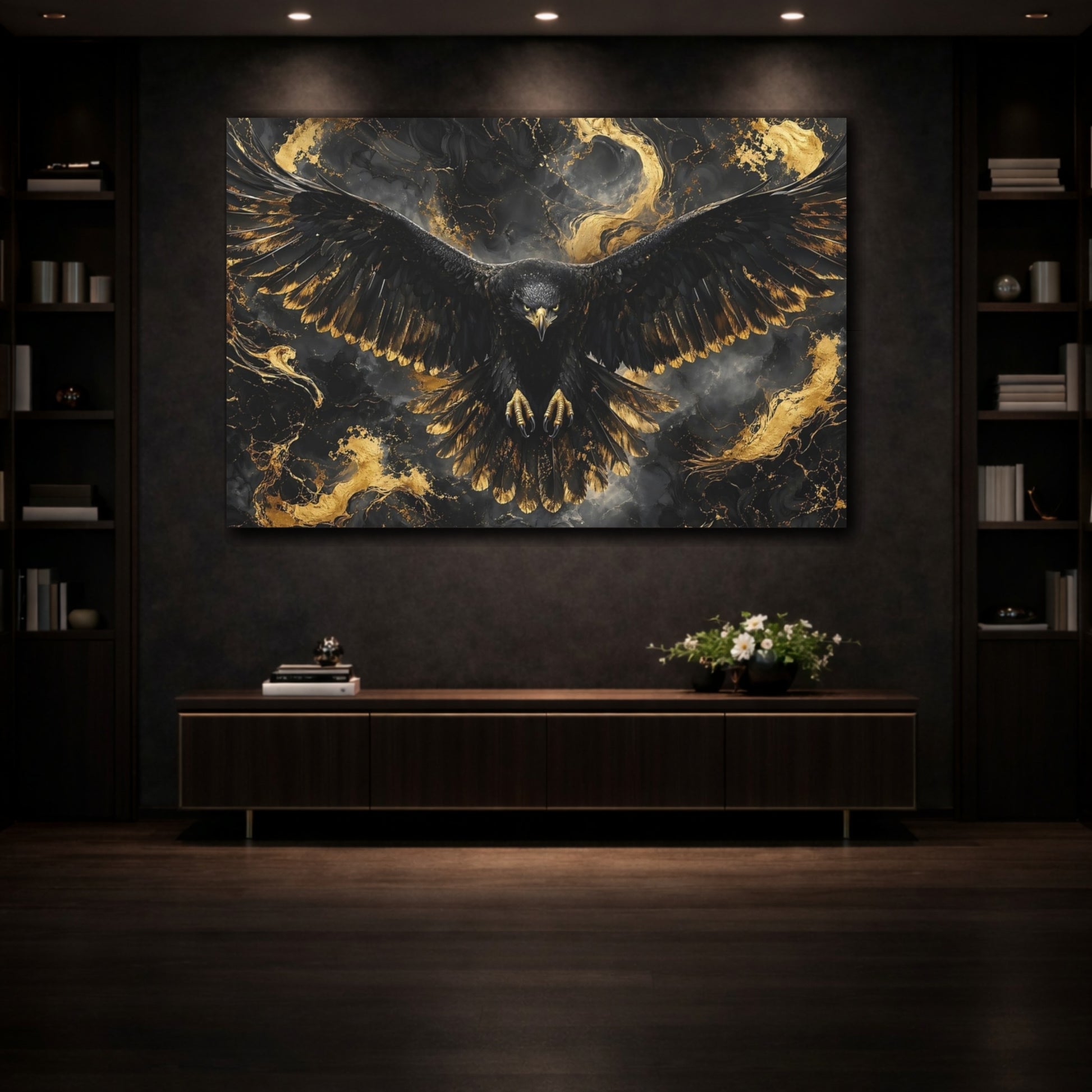 Mockup 3. Birds Eagle Black And Gold shown as stretched canvas wall art