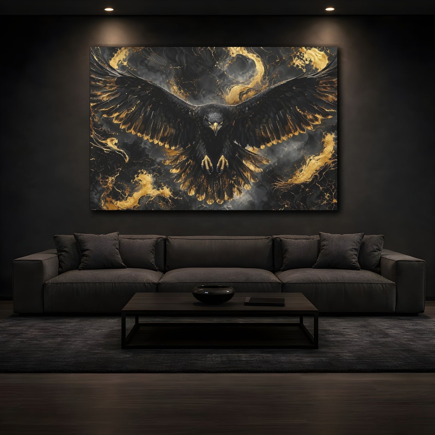 Mockup 4. Birds Eagle Black And Gold shown as stretched canvas wall art