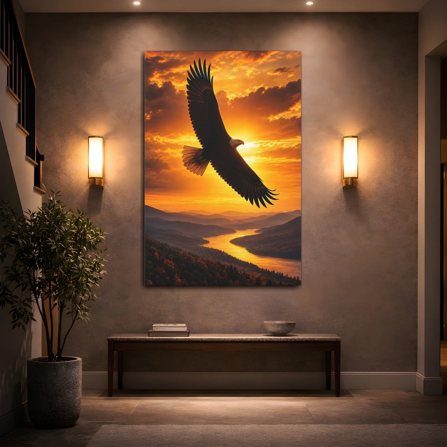 Mockup 2. Birds Eagle Golden Sunset Eagle shown as stretched canvas wall art