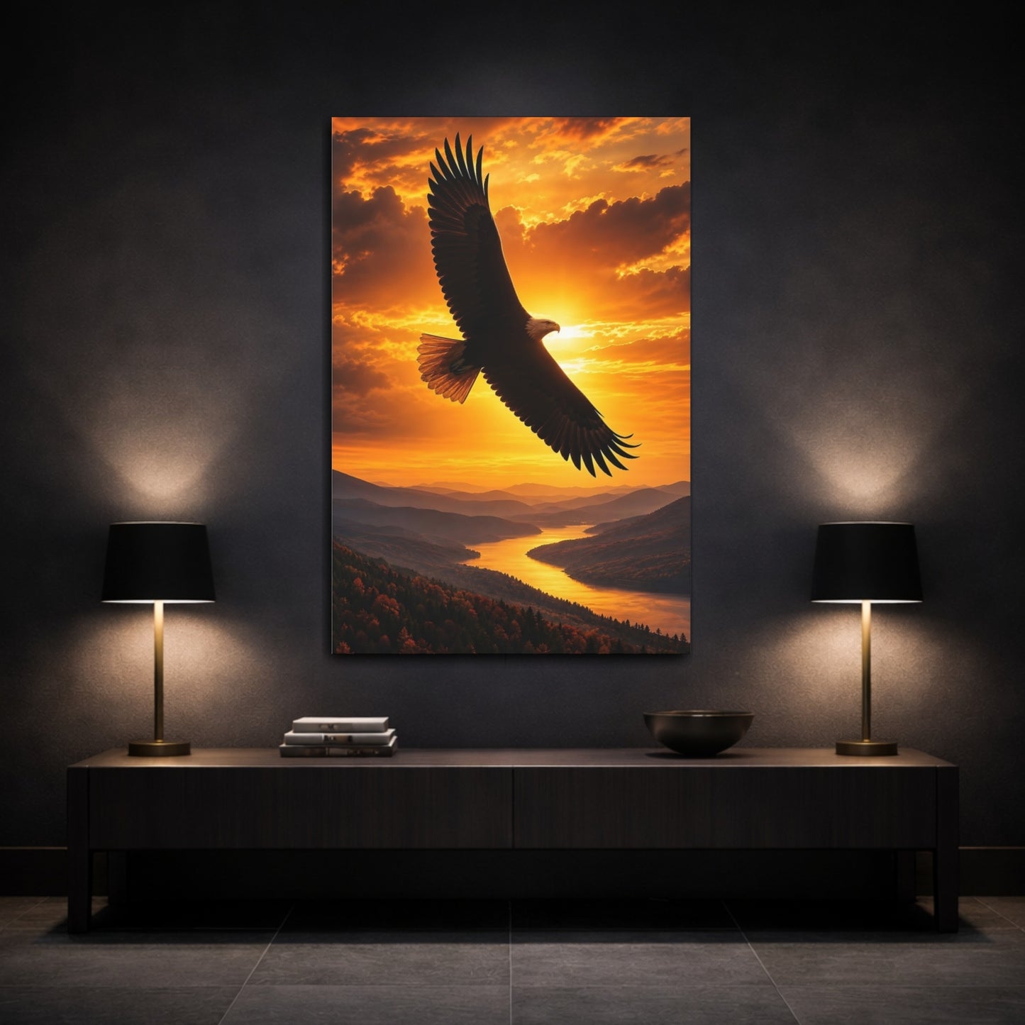 Mockup 3. Birds Eagle Golden Sunset Eagle shown as stretched canvas wall art