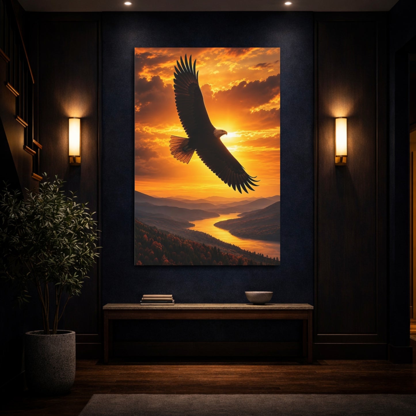 Mockup 4. Birds Eagle Golden Sunset Eagle shown as stretched canvas wall art