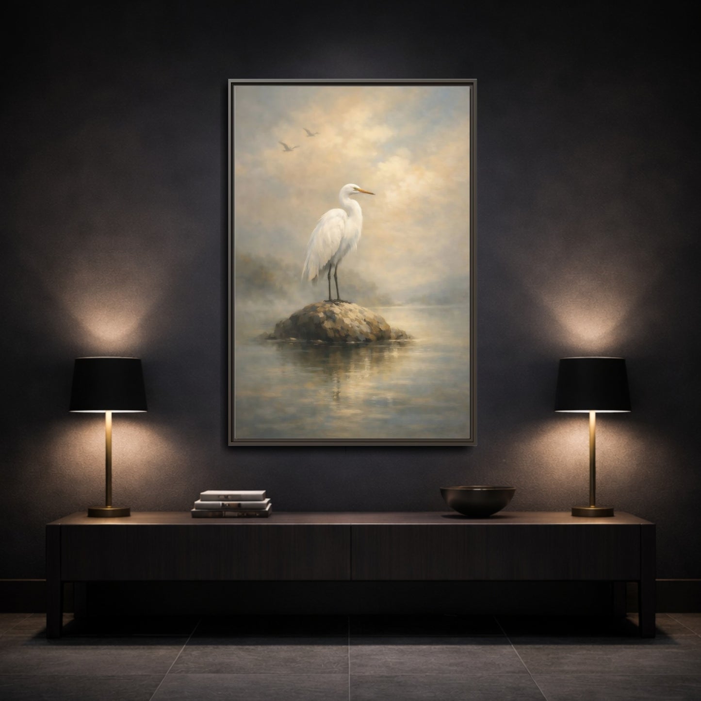 Mockup 2. Birds Egret White Egret shown as stretched canvas wall art