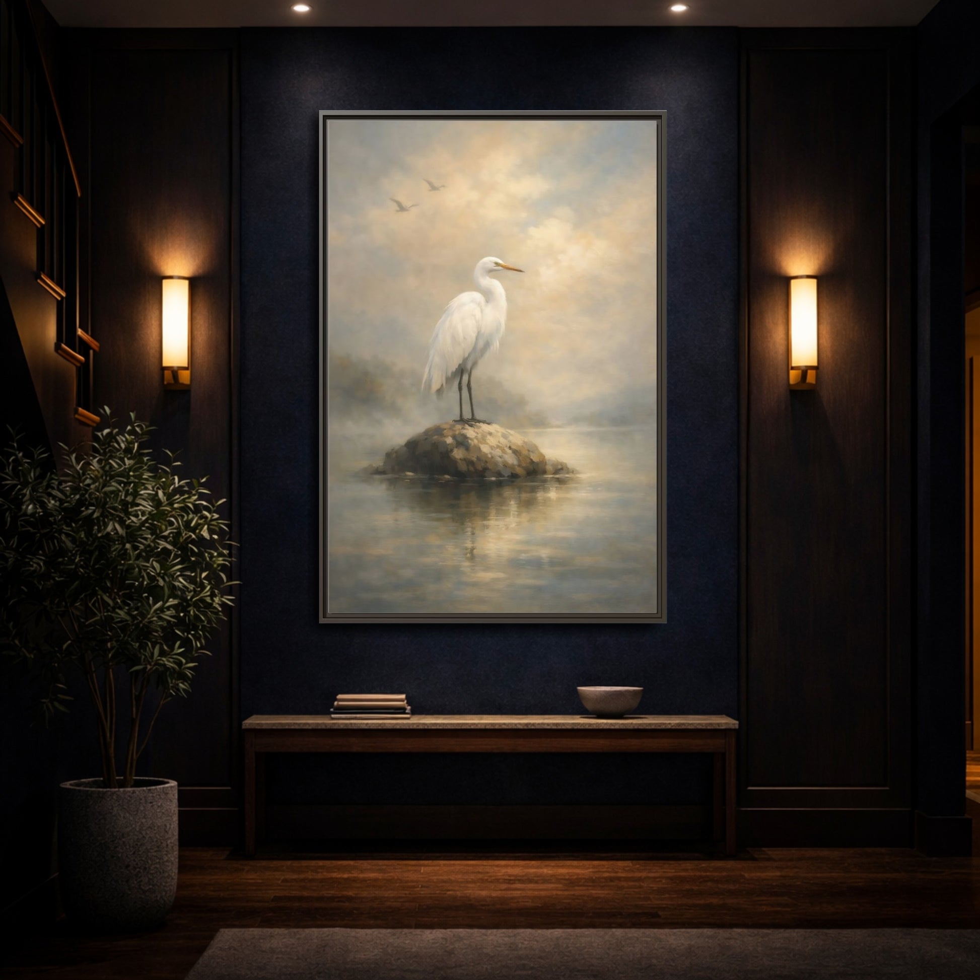 Mockup 3. Birds Egret White Egret shown as stretched canvas wall art