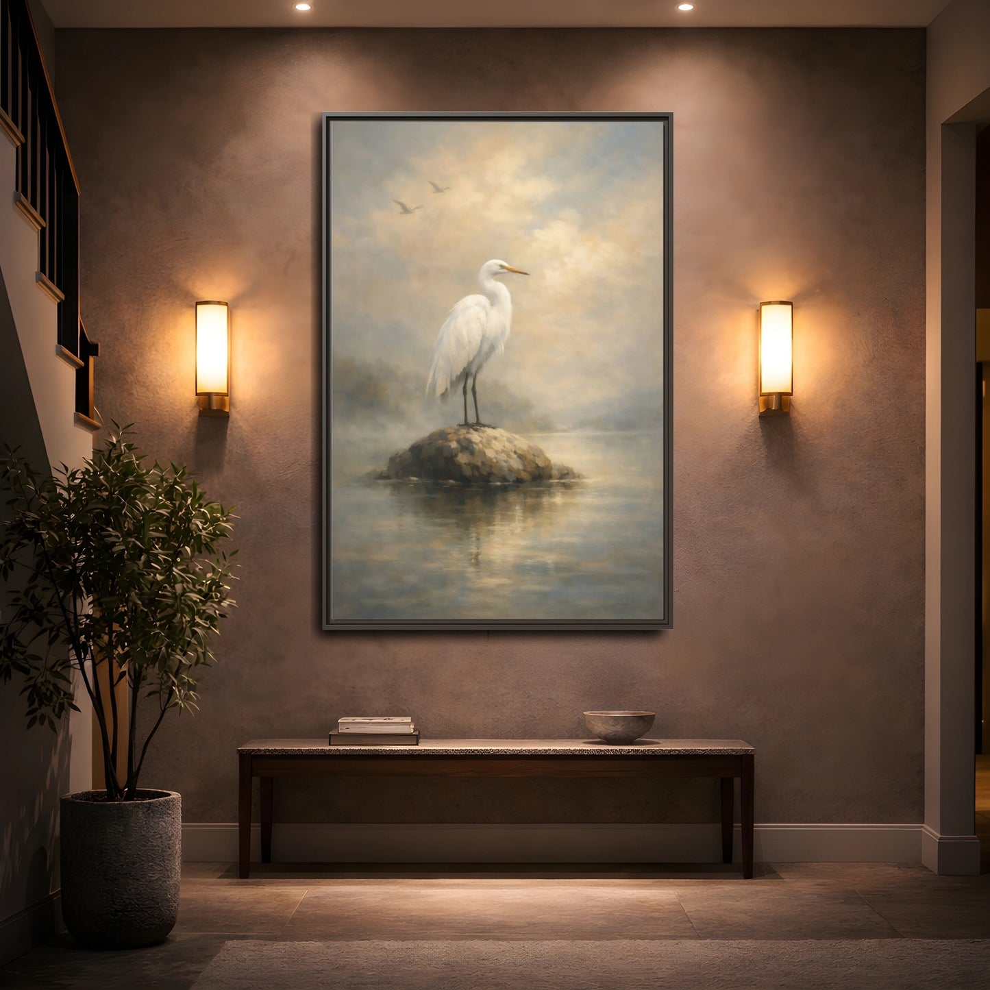 Mockup 4. Birds Egret White Egret shown as stretched canvas wall art