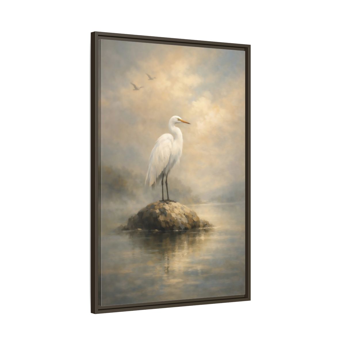 Side Mockup 10. Birds Egret White Egret shown as stretched canvas wall art