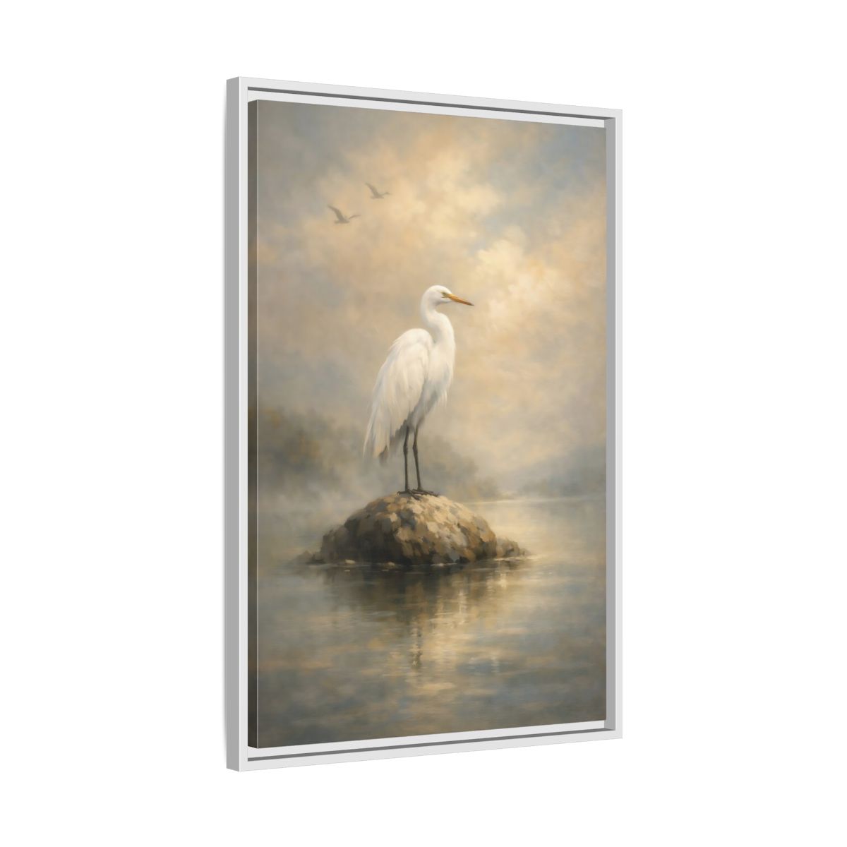 Side Mockup 11. Birds Egret White Egret shown as stretched canvas wall art