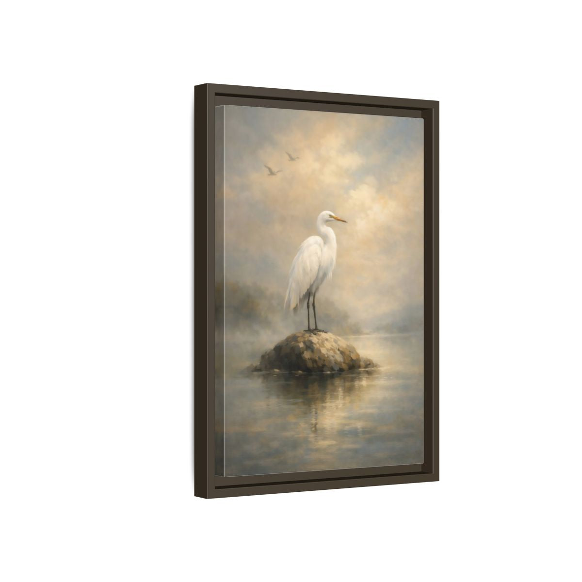 Side Mockup 5. Birds Egret White Egret shown as stretched canvas wall art