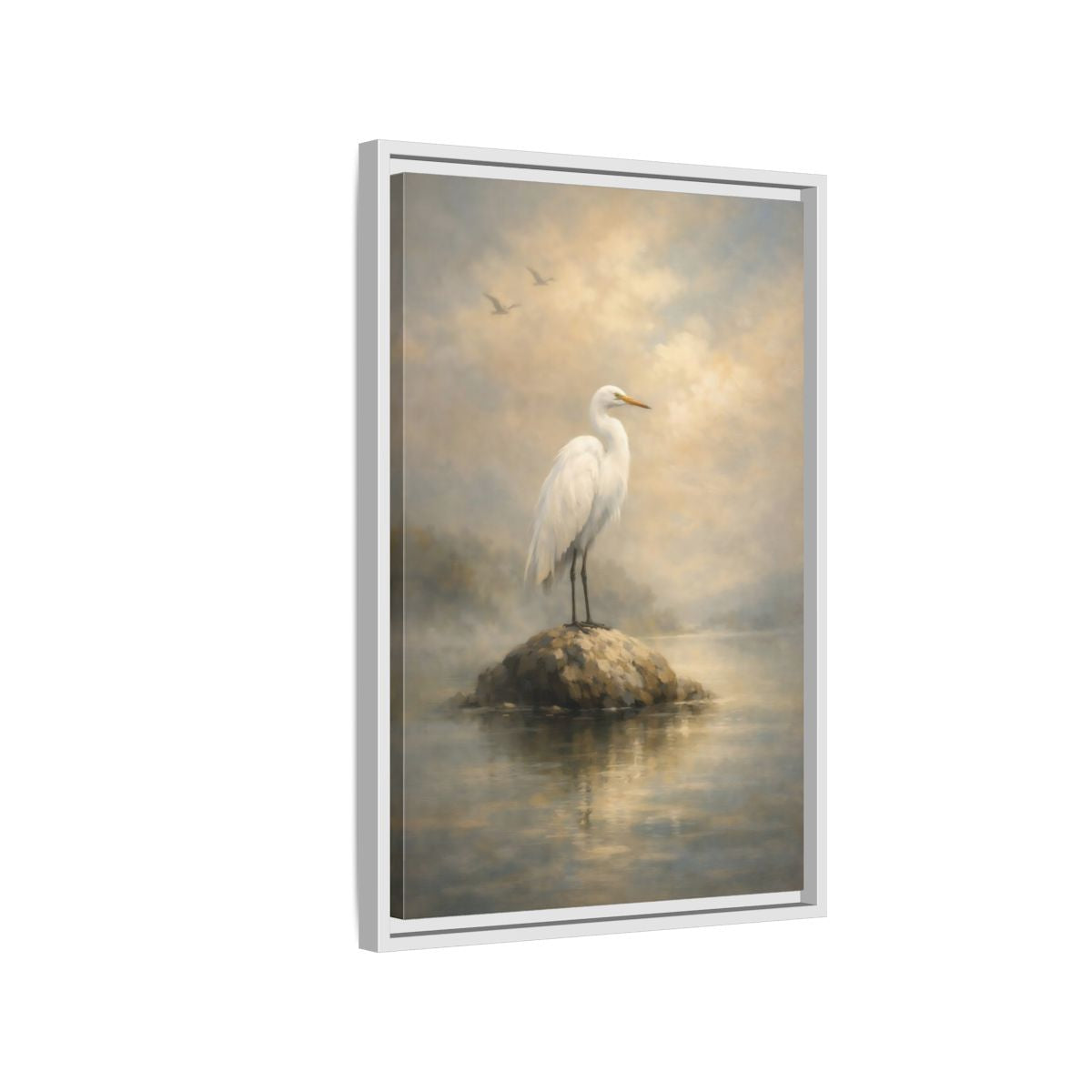 Side Mockup 1. Birds Egret White Egret shown as stretched canvas wall art