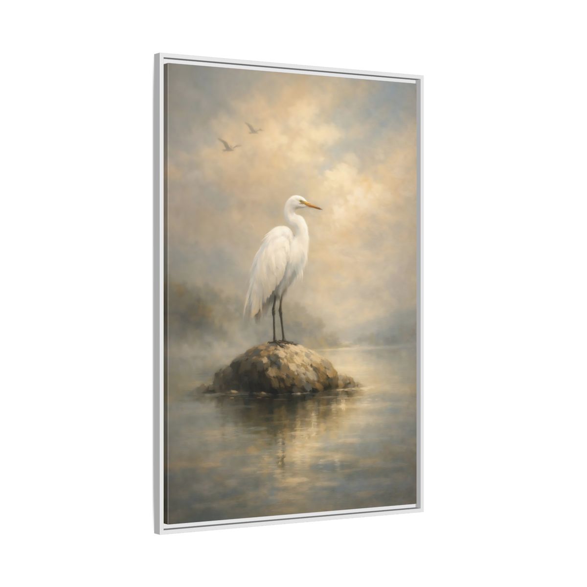 Side Mockup 7. Birds Egret White Egret shown as stretched canvas wall art