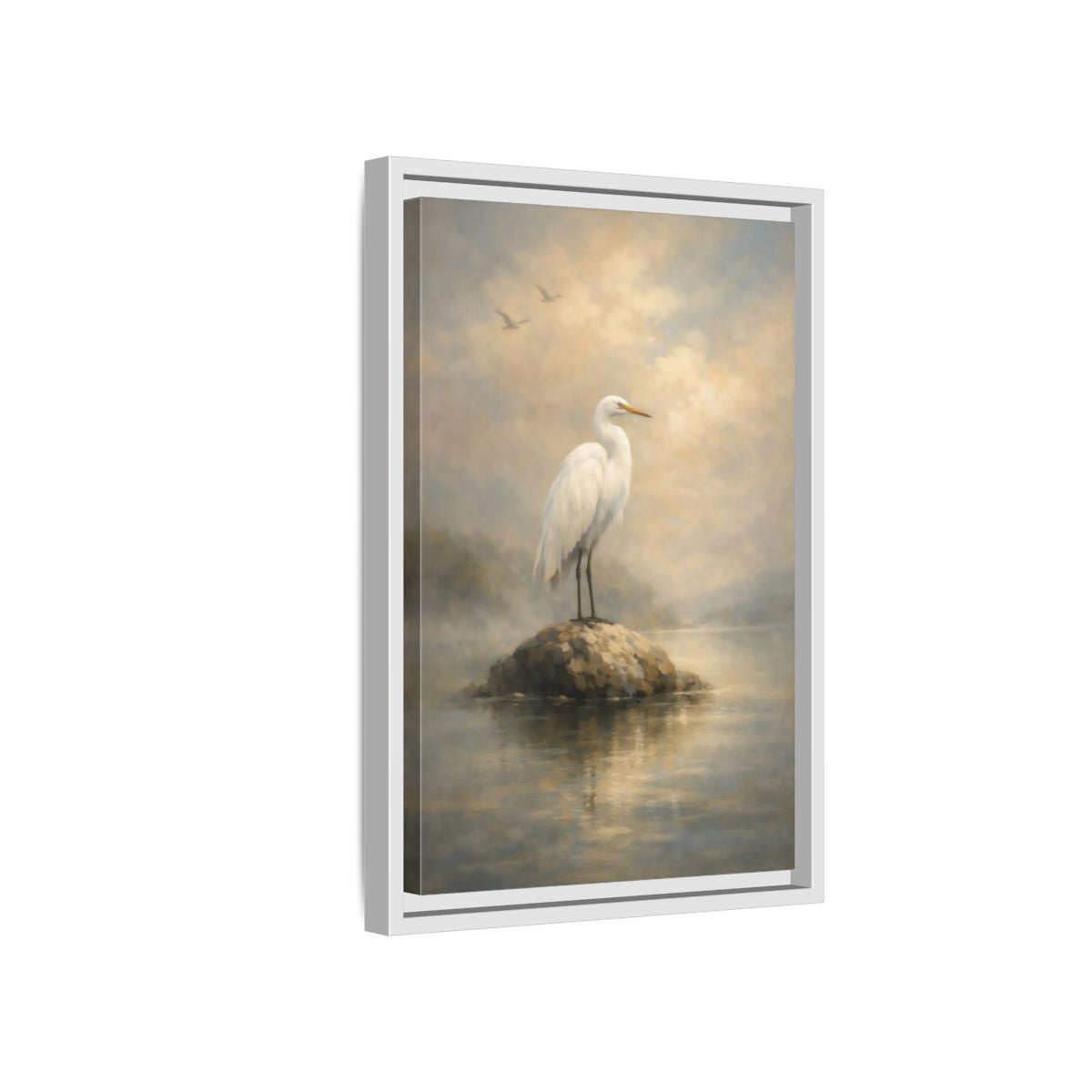 Side Mockup 4. Birds Egret White Egret shown as stretched canvas wall art