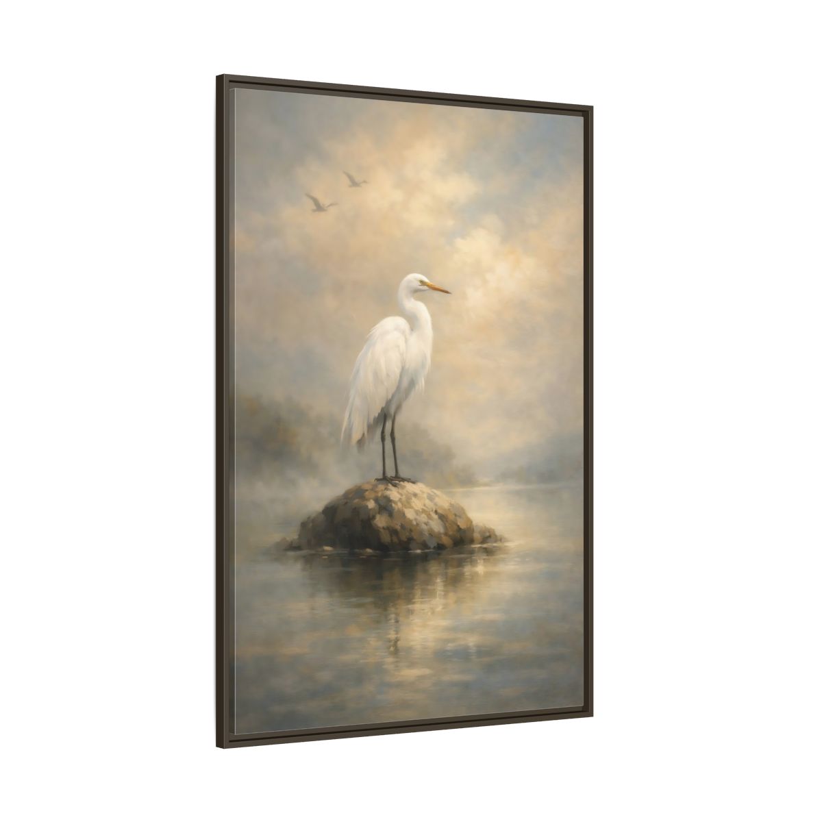 Side Mockup 8. Birds Egret White Egret shown as stretched canvas wall art