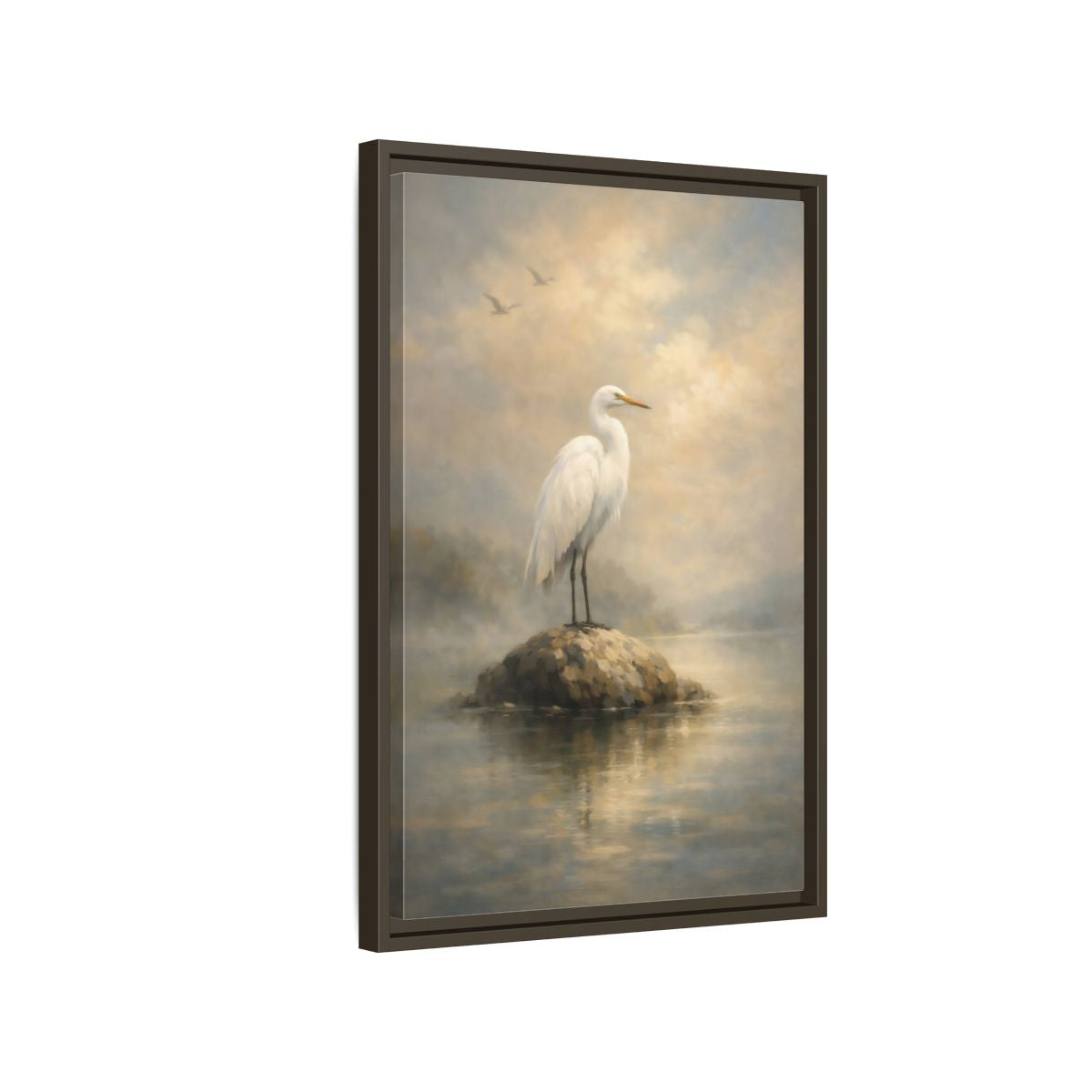Side Mockup 2. Birds Egret White Egret shown as stretched canvas wall art