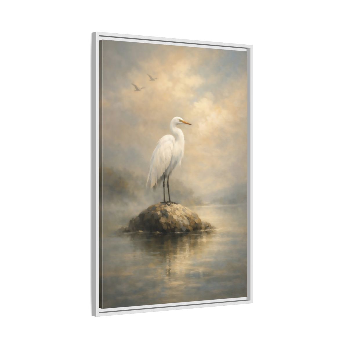 Side Mockup 9. Birds Egret White Egret shown as stretched canvas wall art