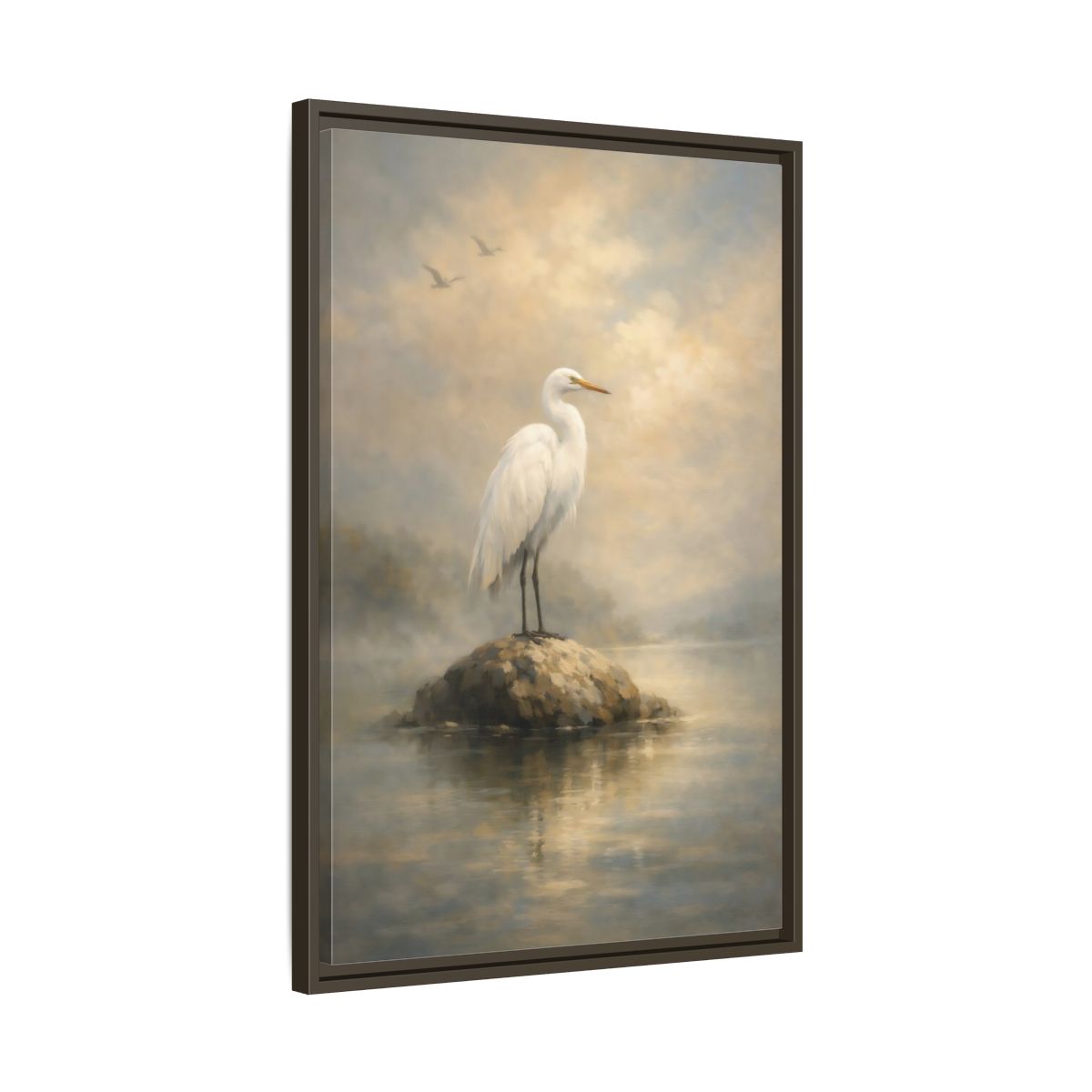 Side Mockup 12. Birds Egret White Egret shown as stretched canvas wall art