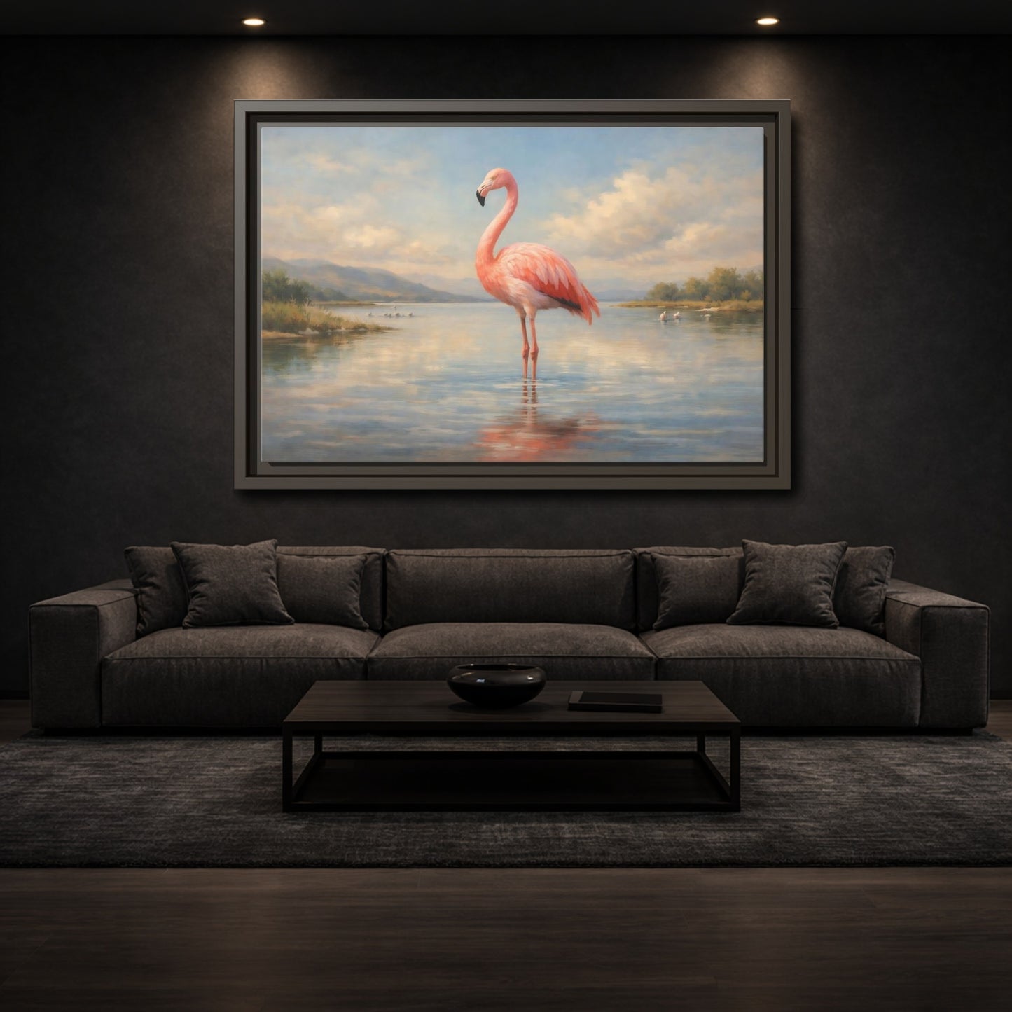 Mockup 2. Birds Flamingo Pink Flamingo shown as stretched canvas wall art