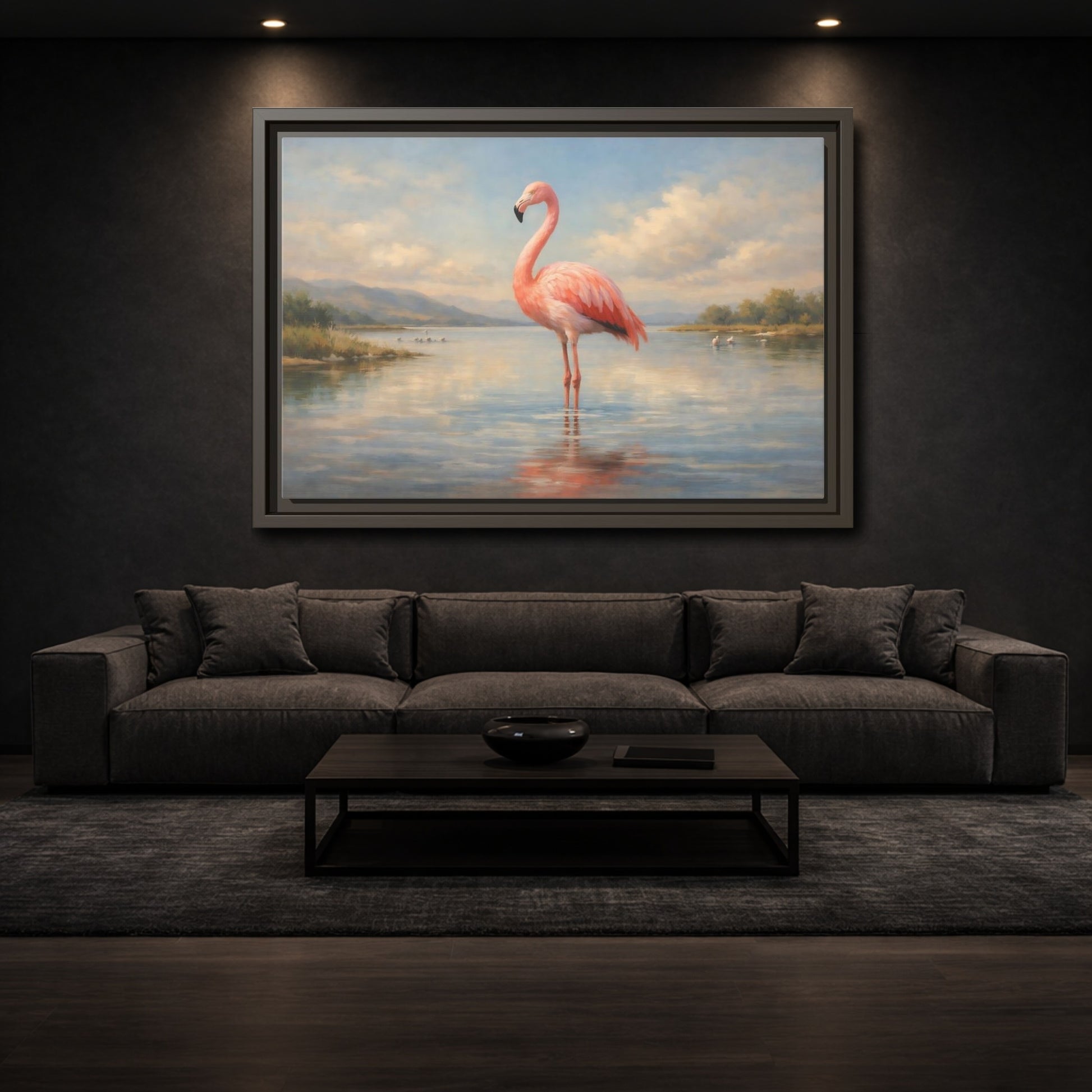 Mockup 2. Birds Flamingo Pink Flamingo shown as stretched canvas wall art