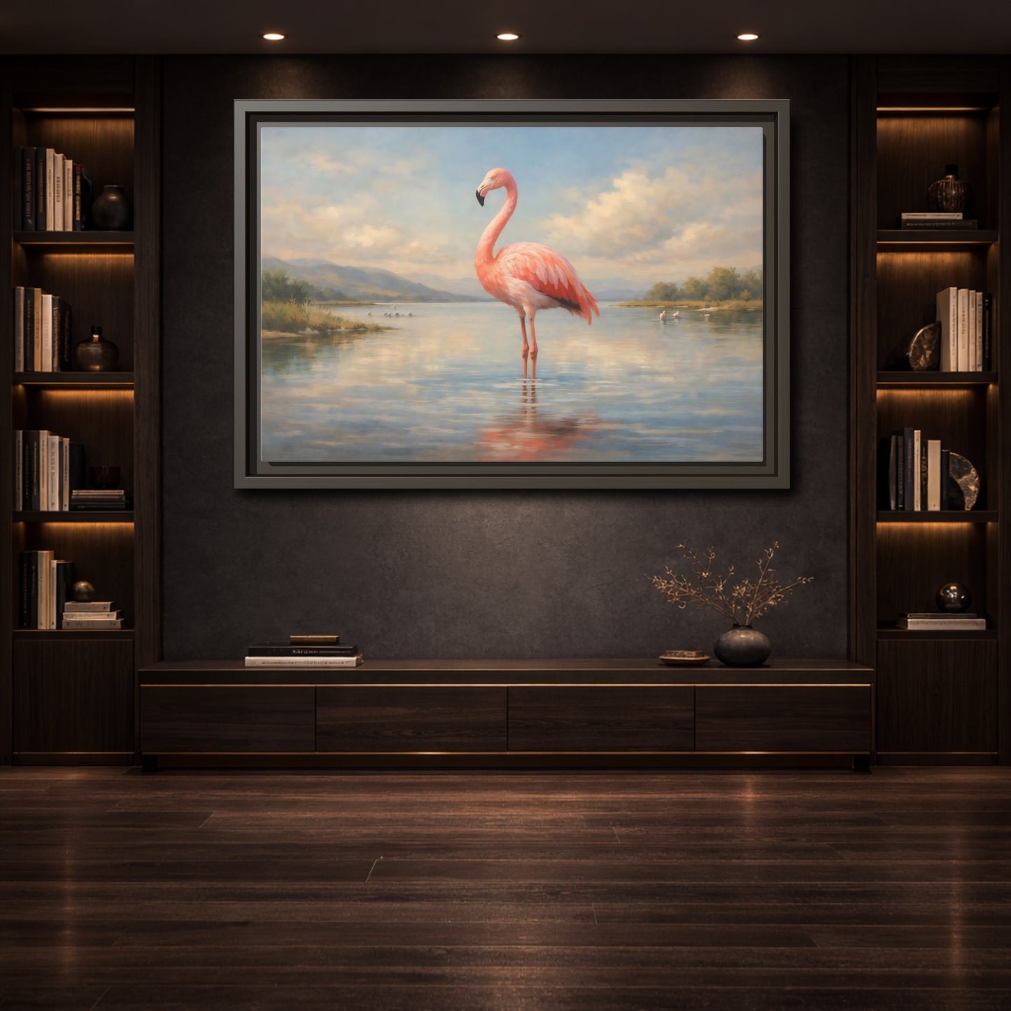 Mockup 3. Birds Flamingo Pink Flamingo shown as stretched canvas wall art