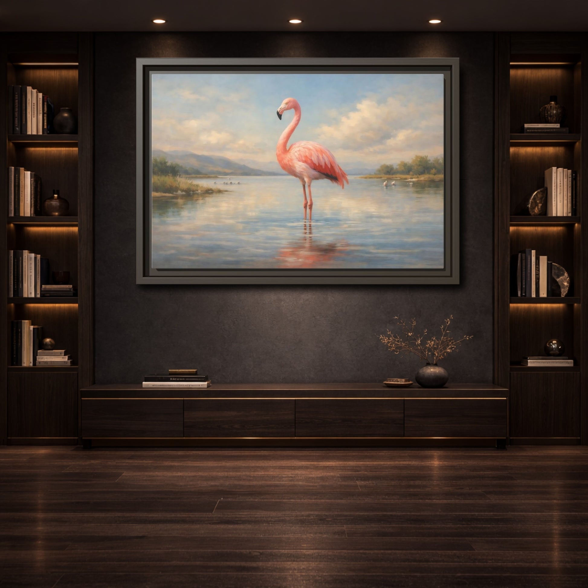 Mockup 3. Birds Flamingo Pink Flamingo shown as stretched canvas wall art