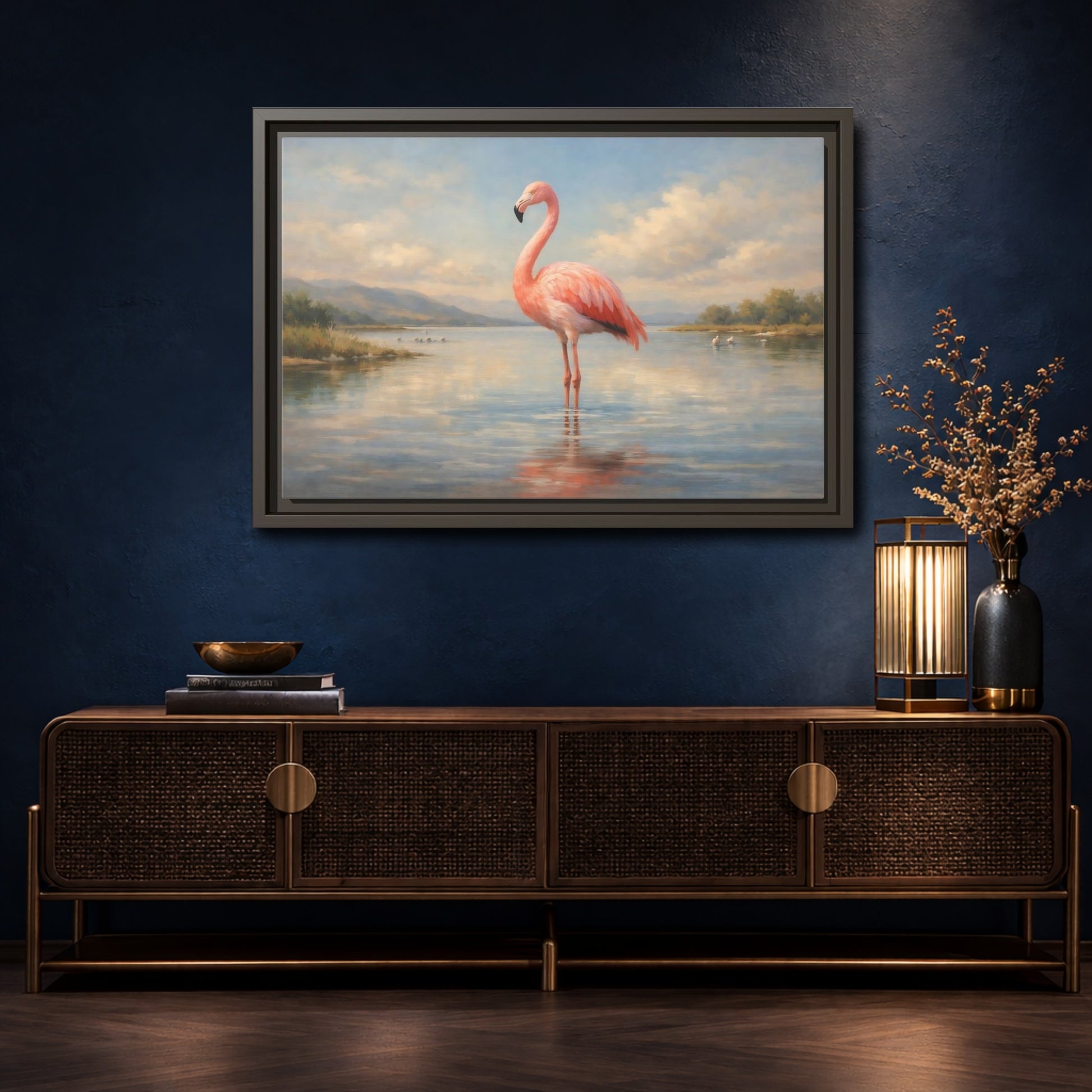 Mockup 4. Birds Flamingo Pink Flamingo shown as stretched canvas wall art