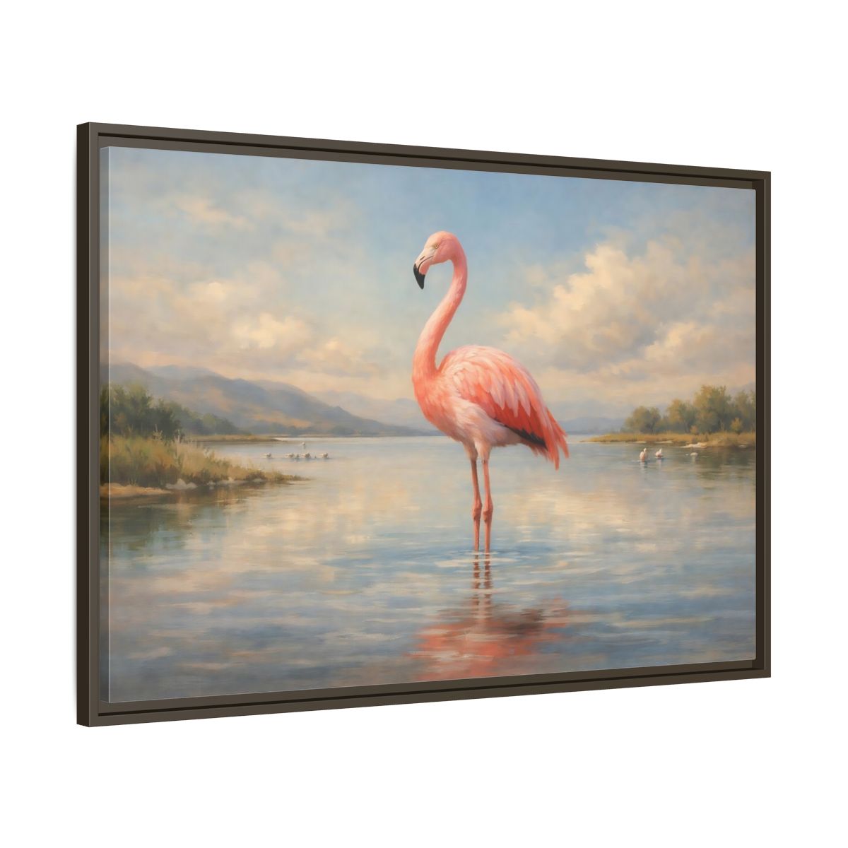 Side Mockup 9. Birds Flamingo Pink Flamingo shown as stretched canvas wall art