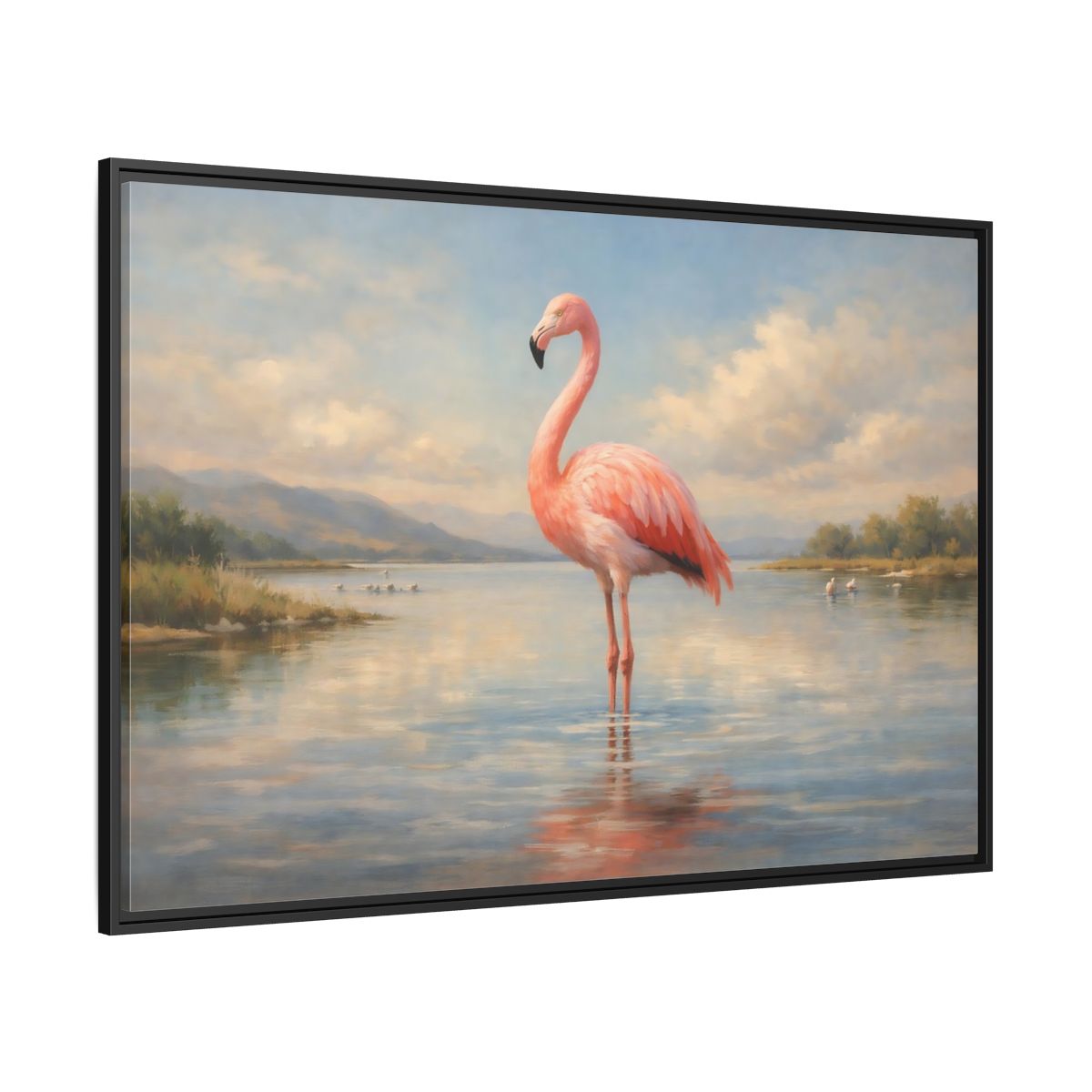 Side Mockup 12. Birds Flamingo Pink Flamingo shown as stretched canvas wall art