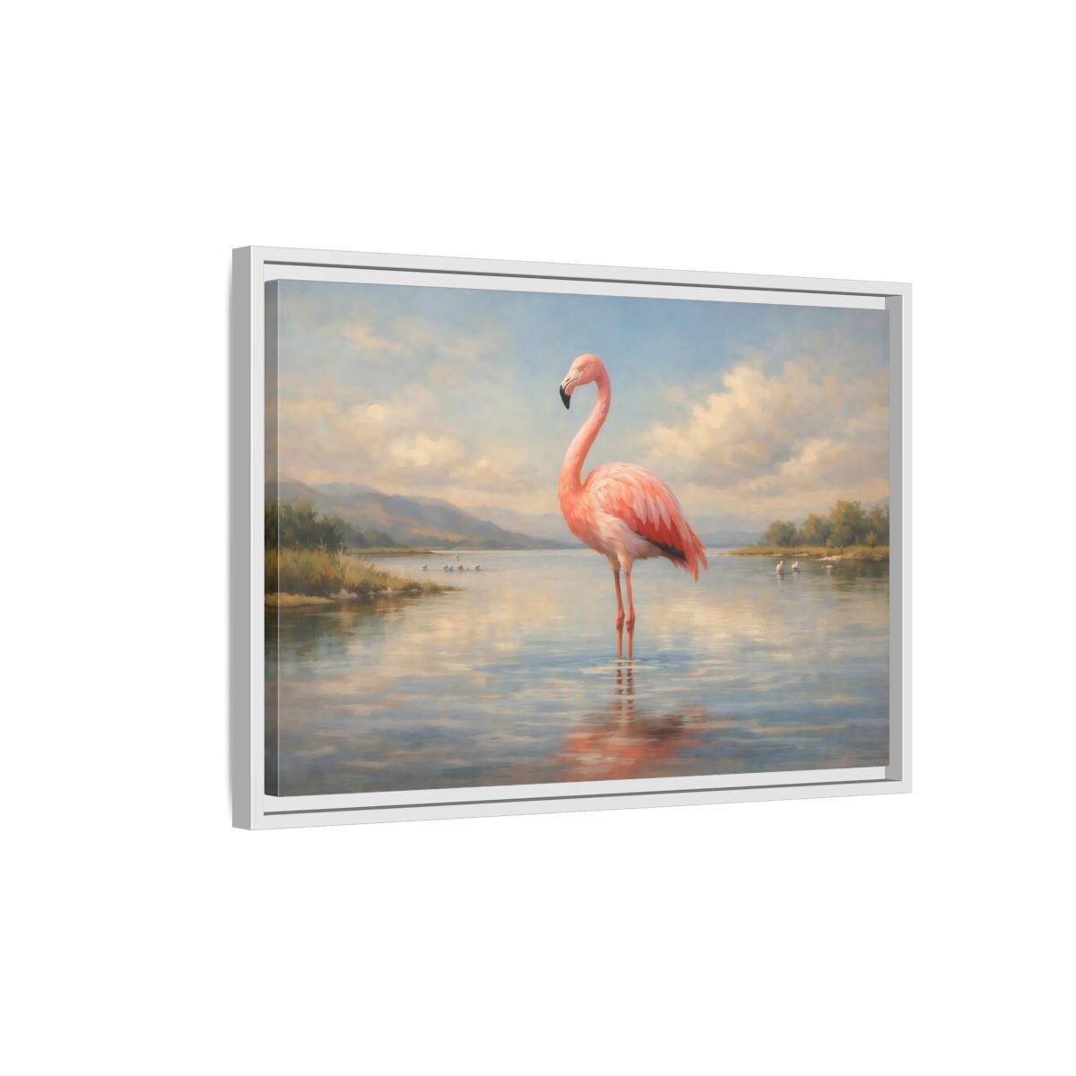 Side Mockup 1. Birds Flamingo Pink Flamingo shown as stretched canvas wall art