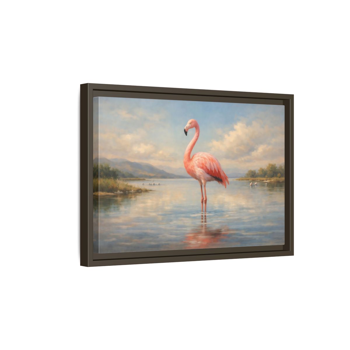 Side Mockup 5. Birds Flamingo Pink Flamingo shown as stretched canvas wall art