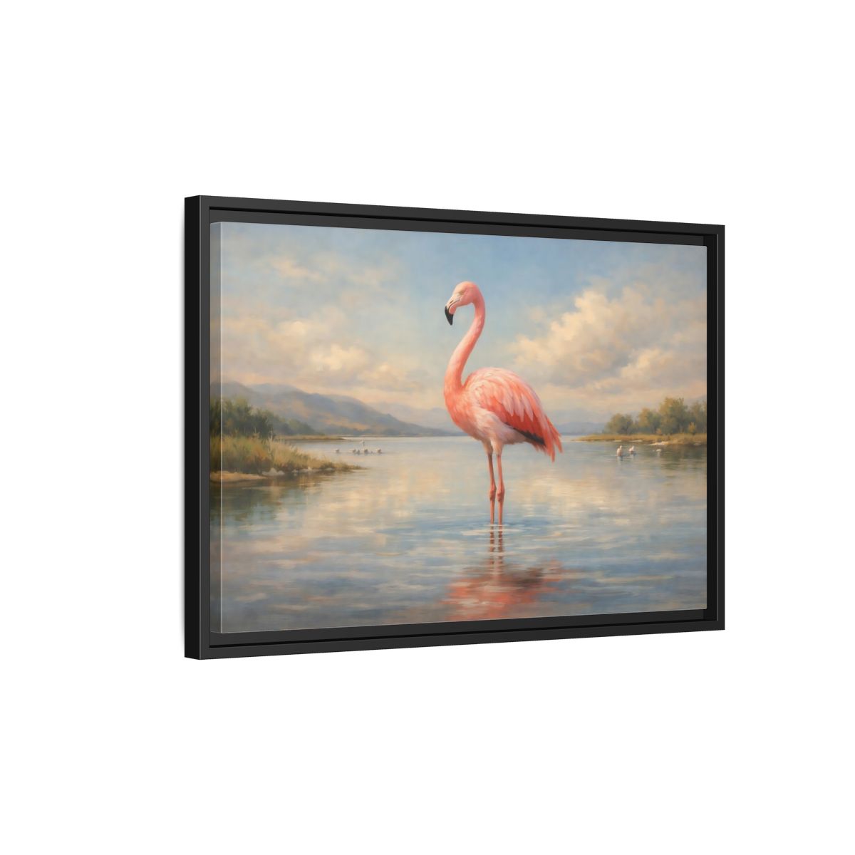 Side Mockup 3. Birds Flamingo Pink Flamingo shown as stretched canvas wall art