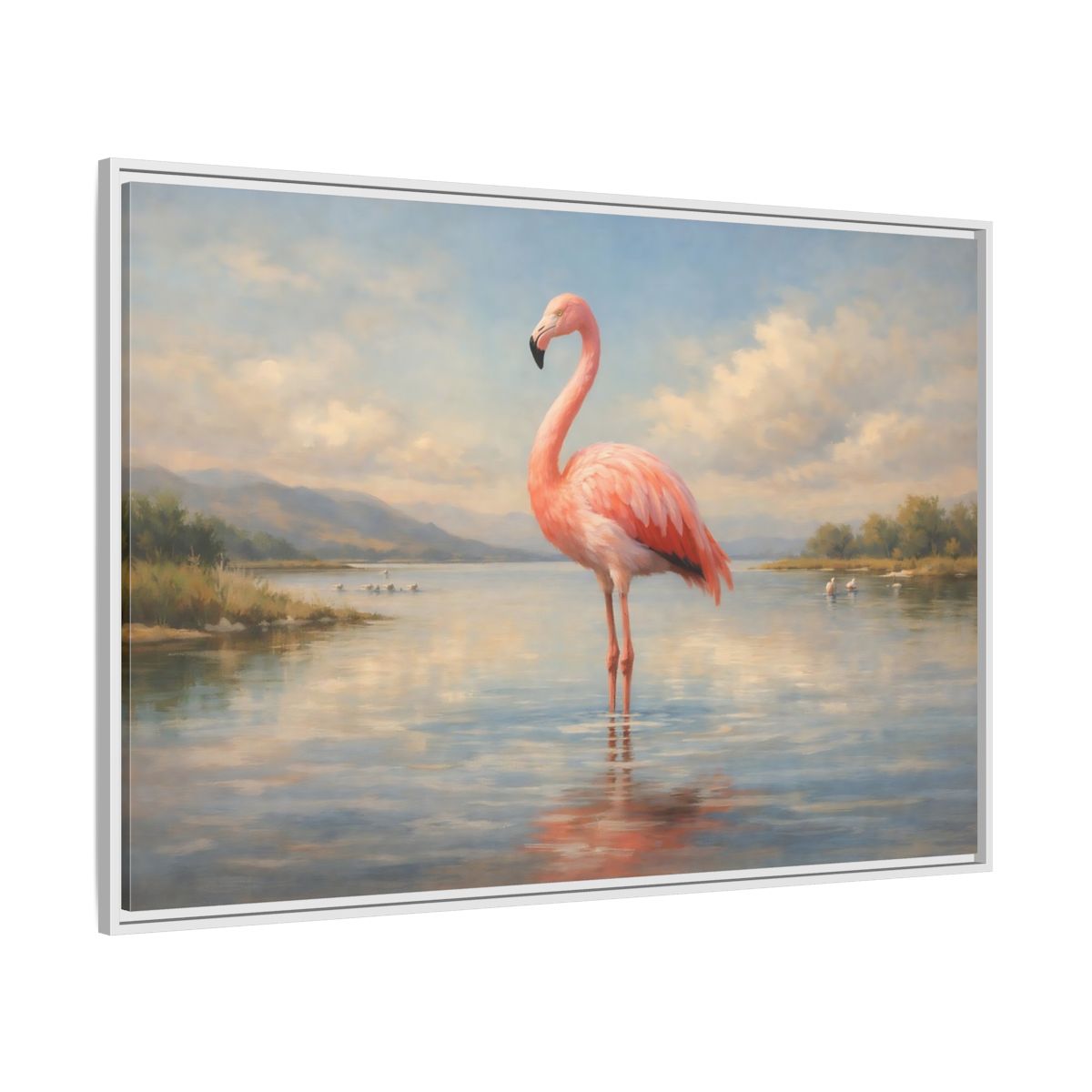 Side Mockup 7. Birds Flamingo Pink Flamingo shown as stretched canvas wall art