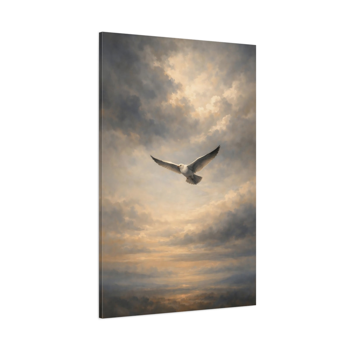 Main Mockup. Birds Flying Seagull Seagull Cloudy Sky shown as stretched canvas wall art